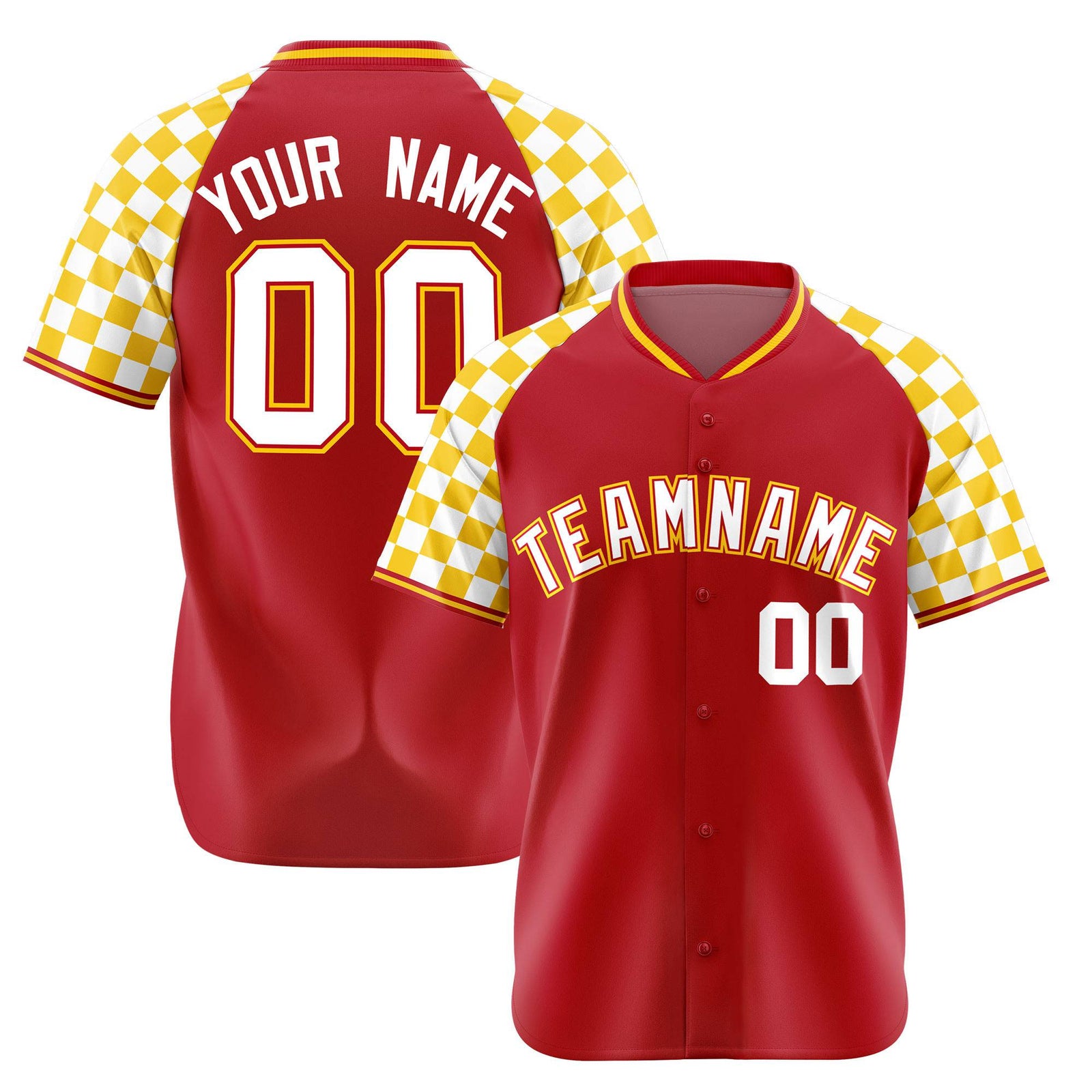Custom Red White-Gold Authentic Plaid Sleeve Baseball Jersey