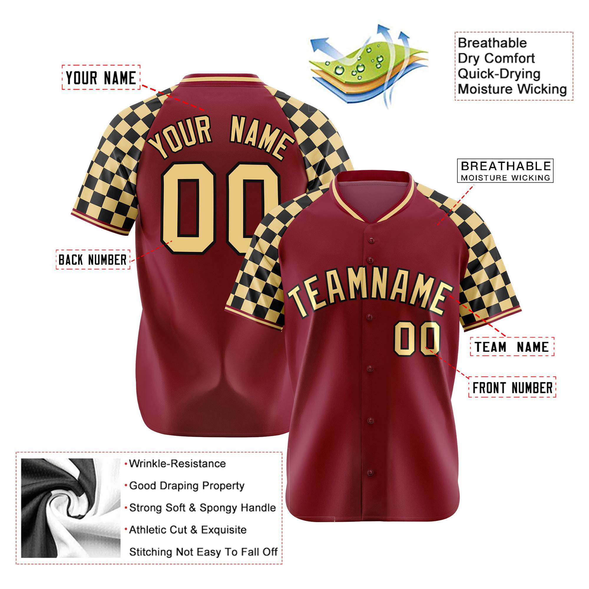 Custom Crimson Khaki-Black Authentic Plaid Sleeve Baseball Jersey