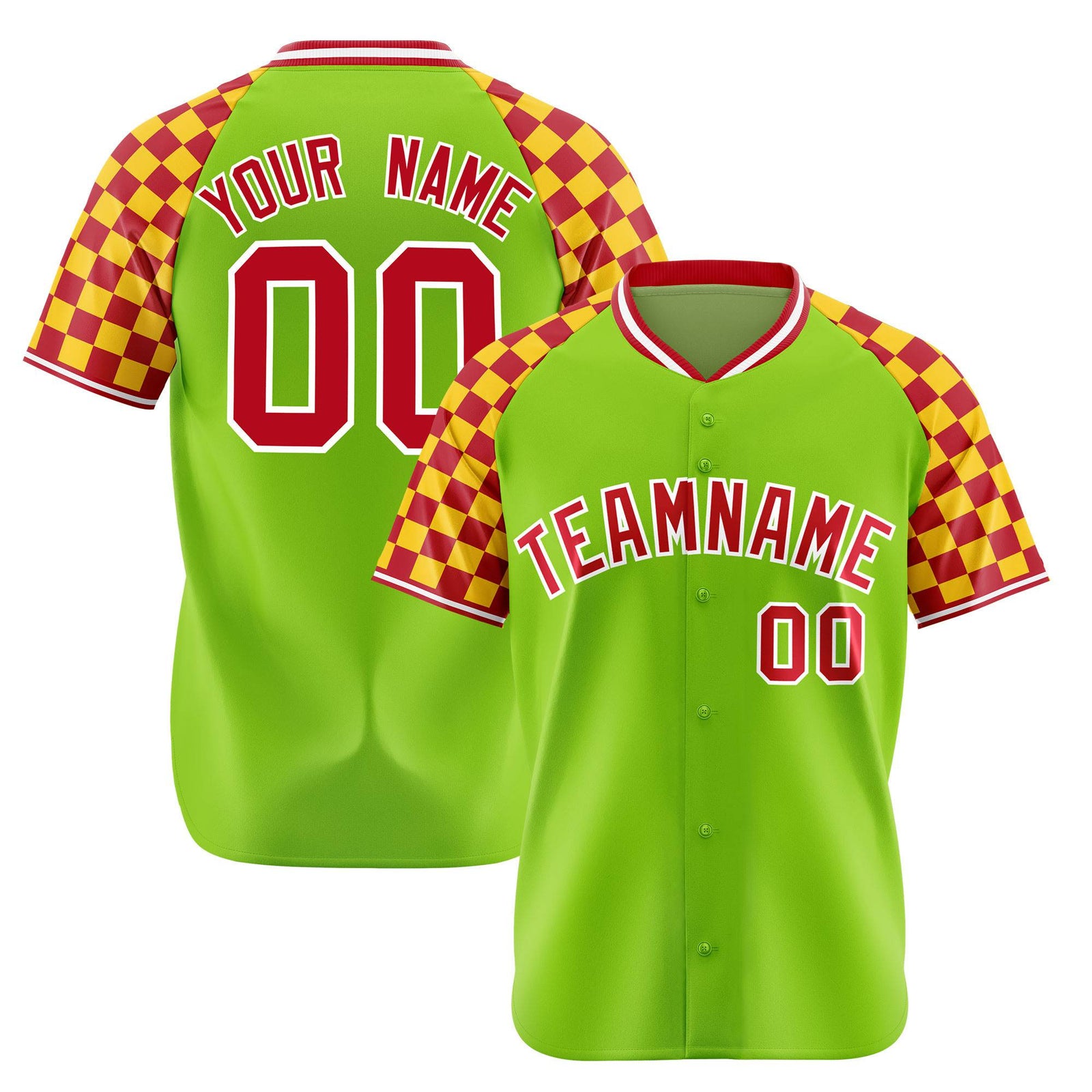 Custom Neon Green Red-Gold Authentic Plaid Sleeve Baseball Jersey