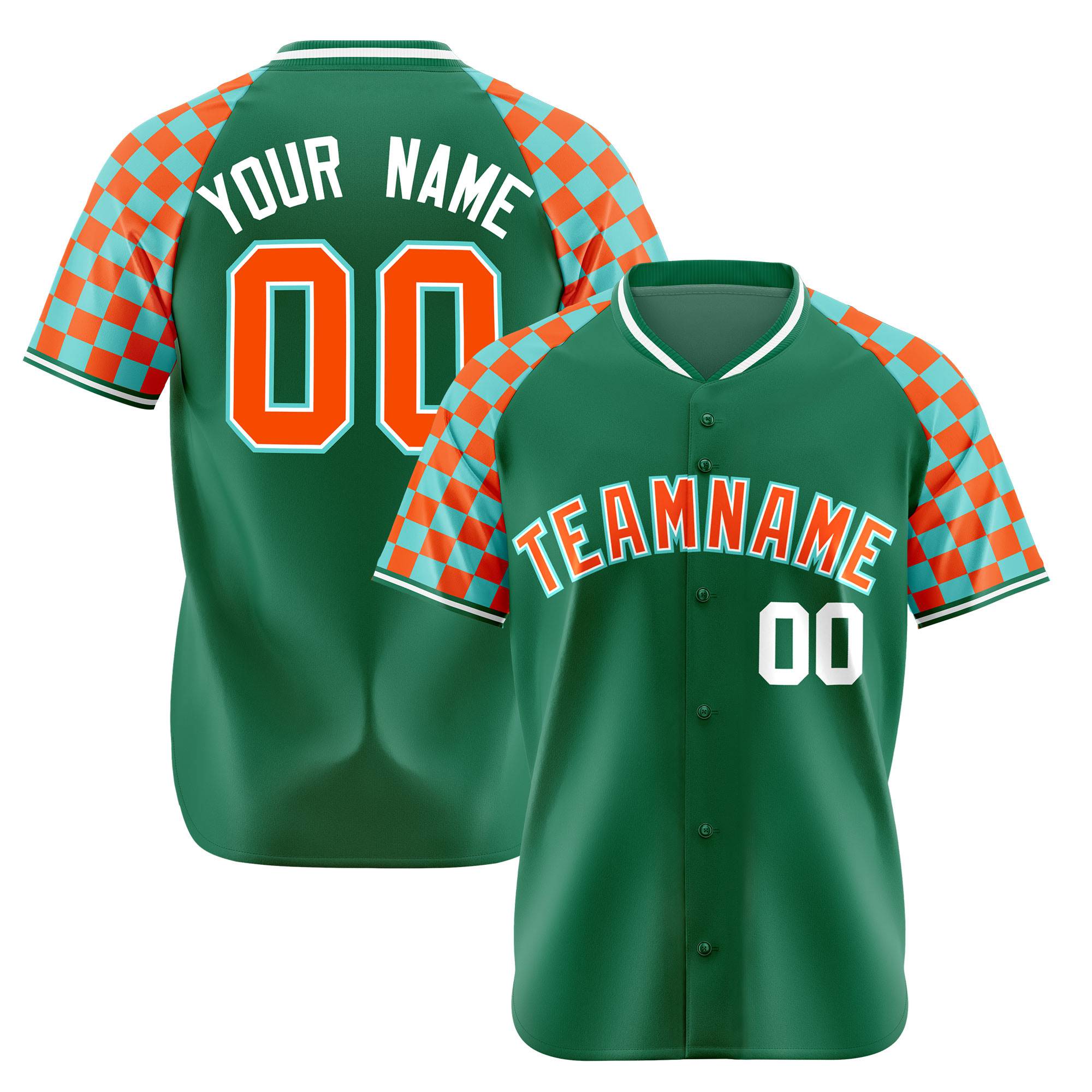 Custom Kelly Green Orange-Bright Green Authentic Plaid Sleeve Baseball Jersey