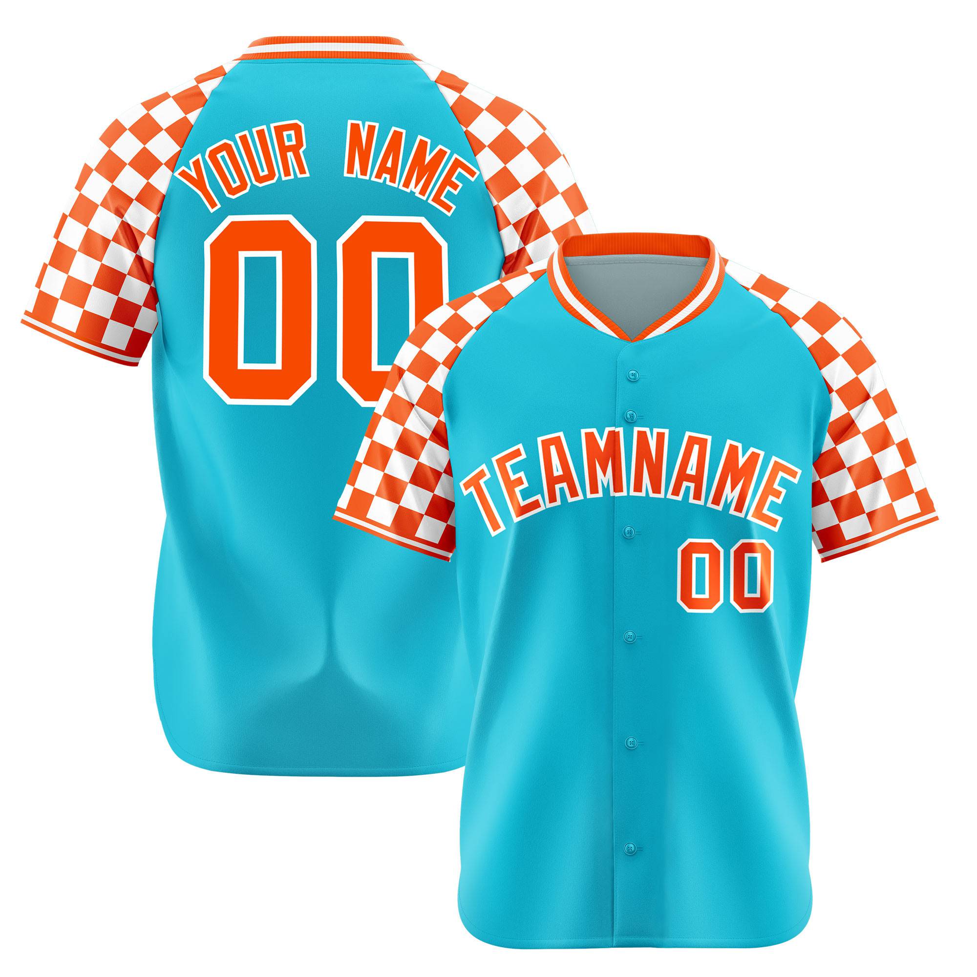 Custom Sky Blue Orange-White Authentic Plaid Sleeve Baseball Jersey