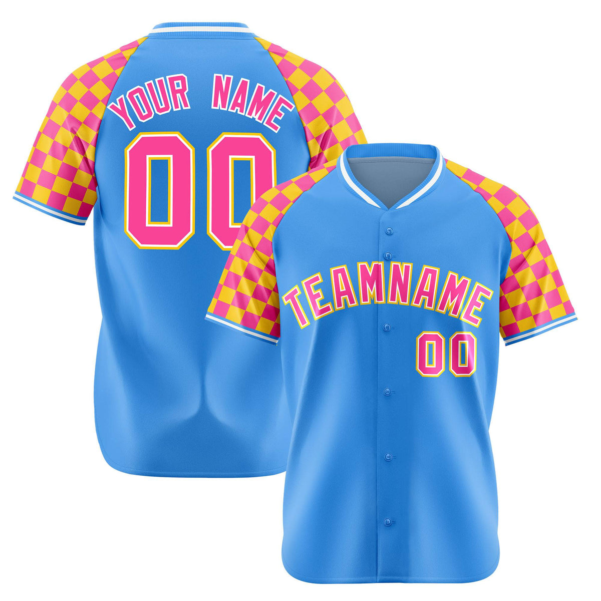 Custom Powder Blue Pink-Gold Authentic Plaid Sleeve Baseball Jersey