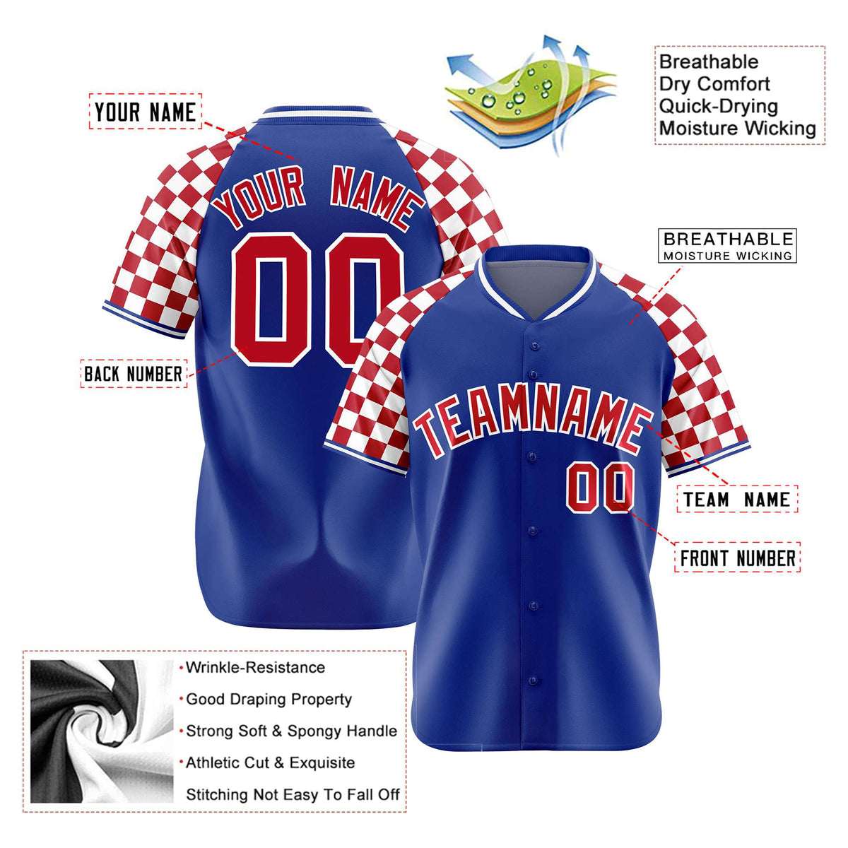 Custom Royal Blue Red-White Authentic Plaid Sleeve Baseball Jersey