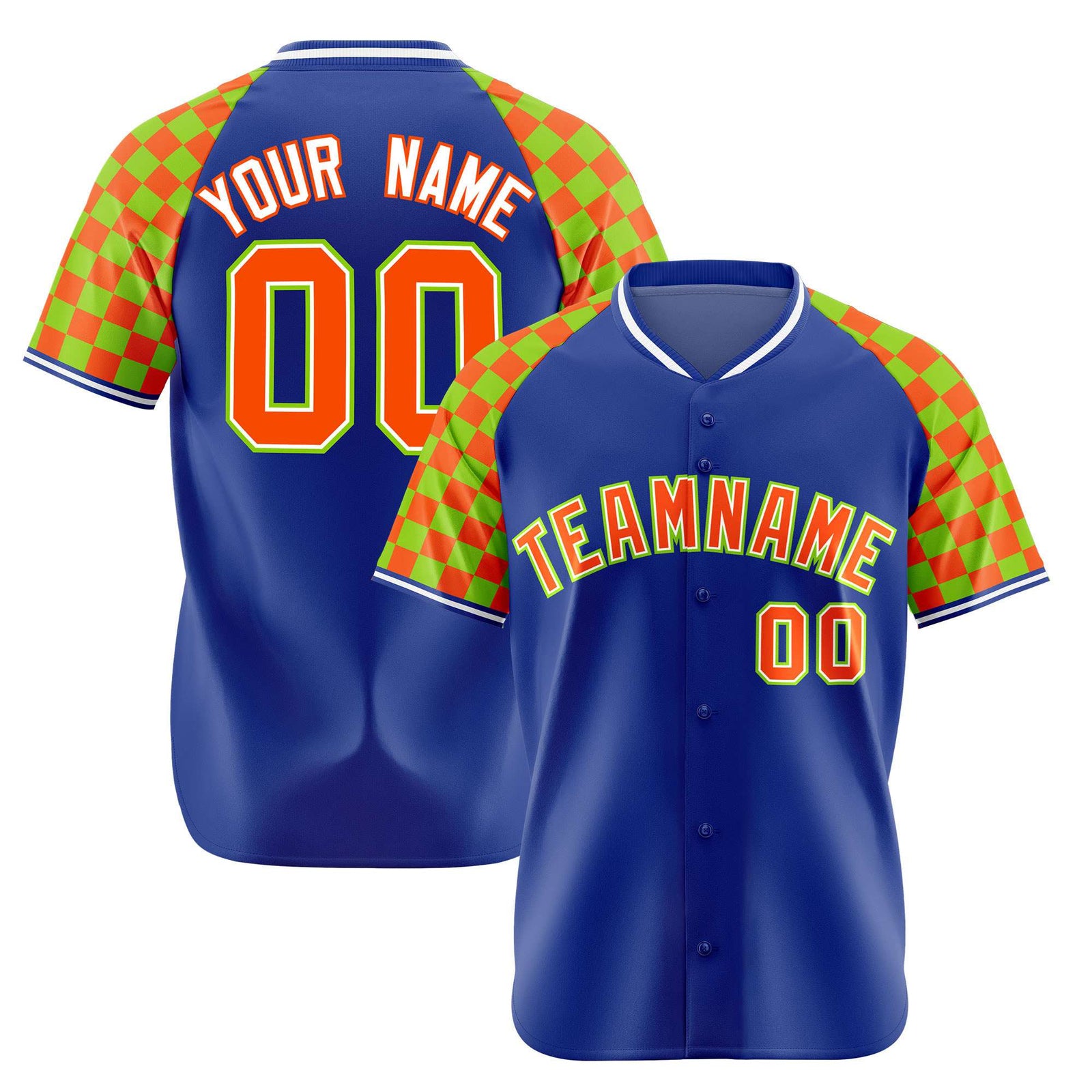 Custom Royal Blue Orange-Neon Green Authentic Plaid Sleeve Baseball Jersey