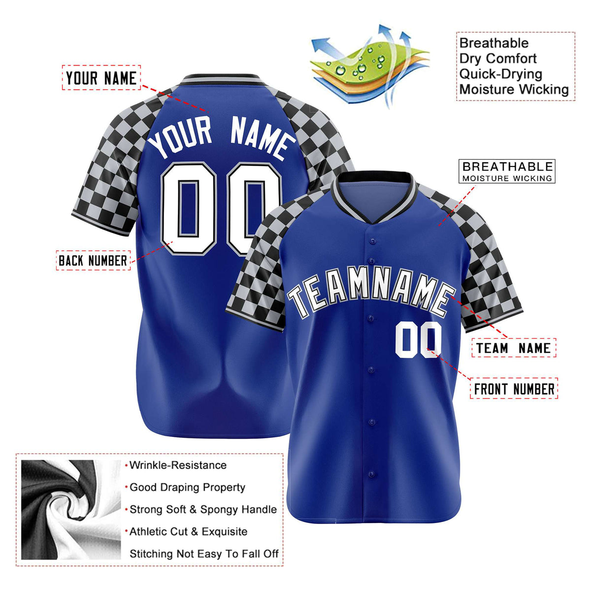 Custom Royal Blue Black-Gray Authentic Plaid Sleeve Baseball Jersey