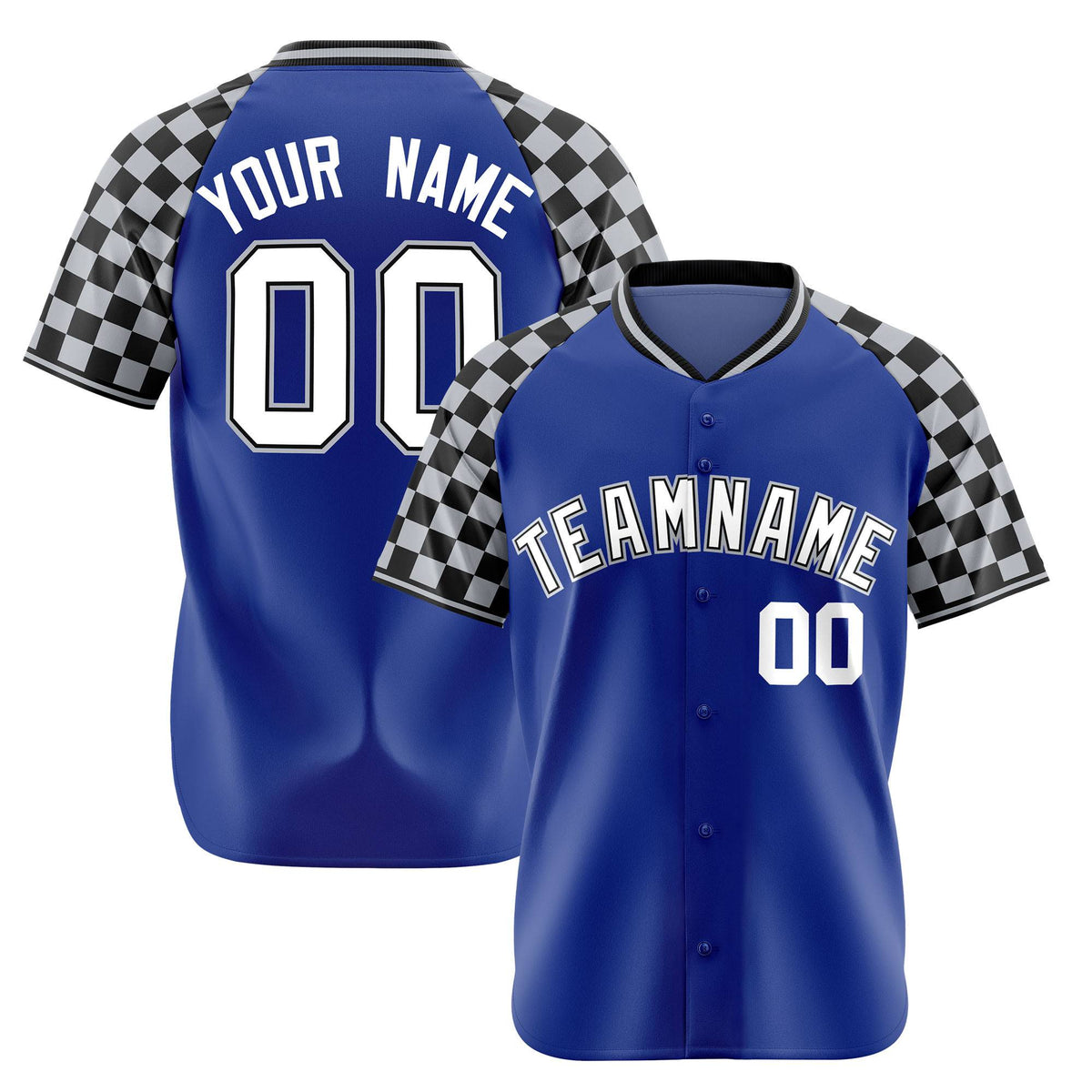 Custom Royal Blue Black-Gray Authentic Plaid Sleeve Baseball Jersey