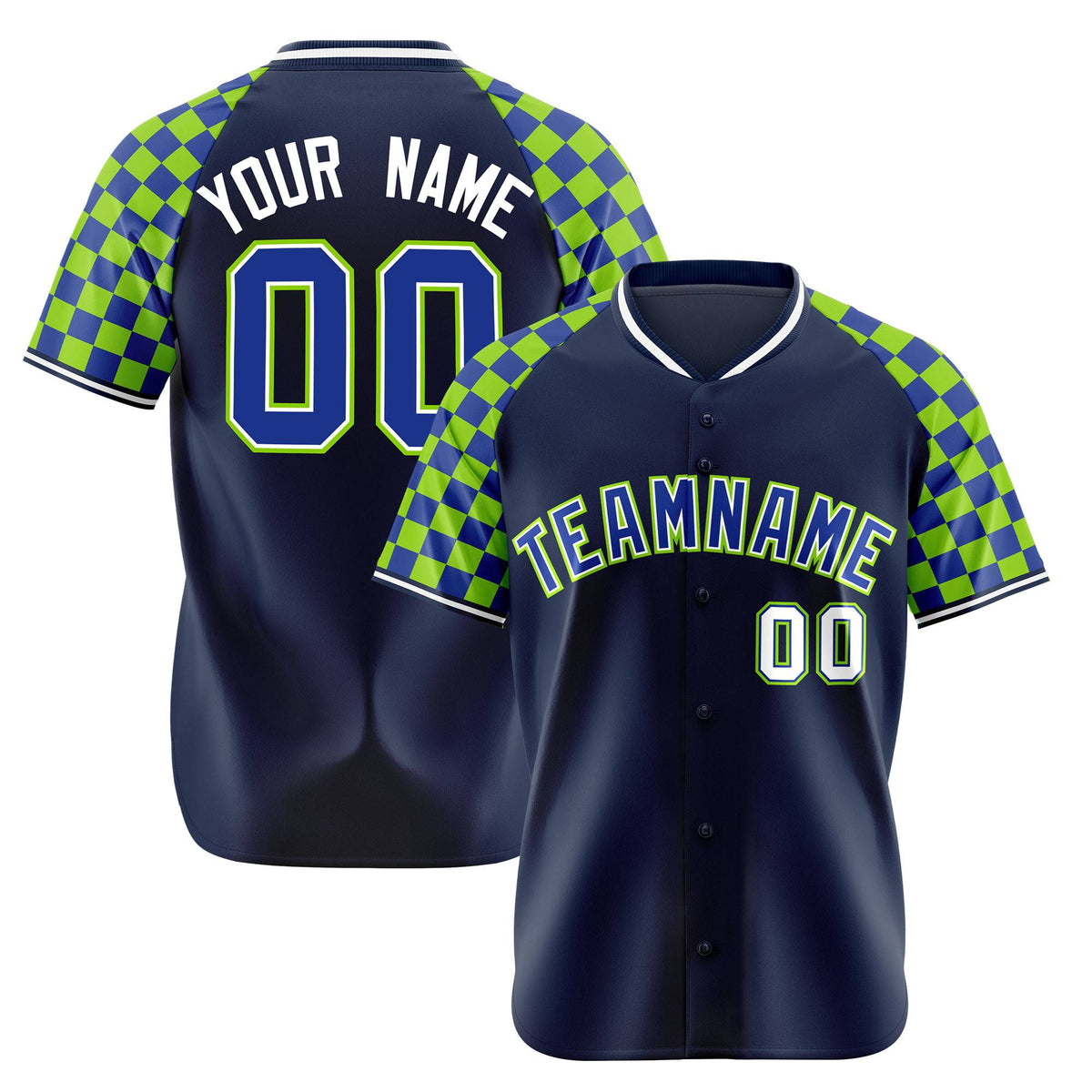 Custom Navy Neon Green-Royal Blue Authentic Plaid Sleeve Baseball Jersey