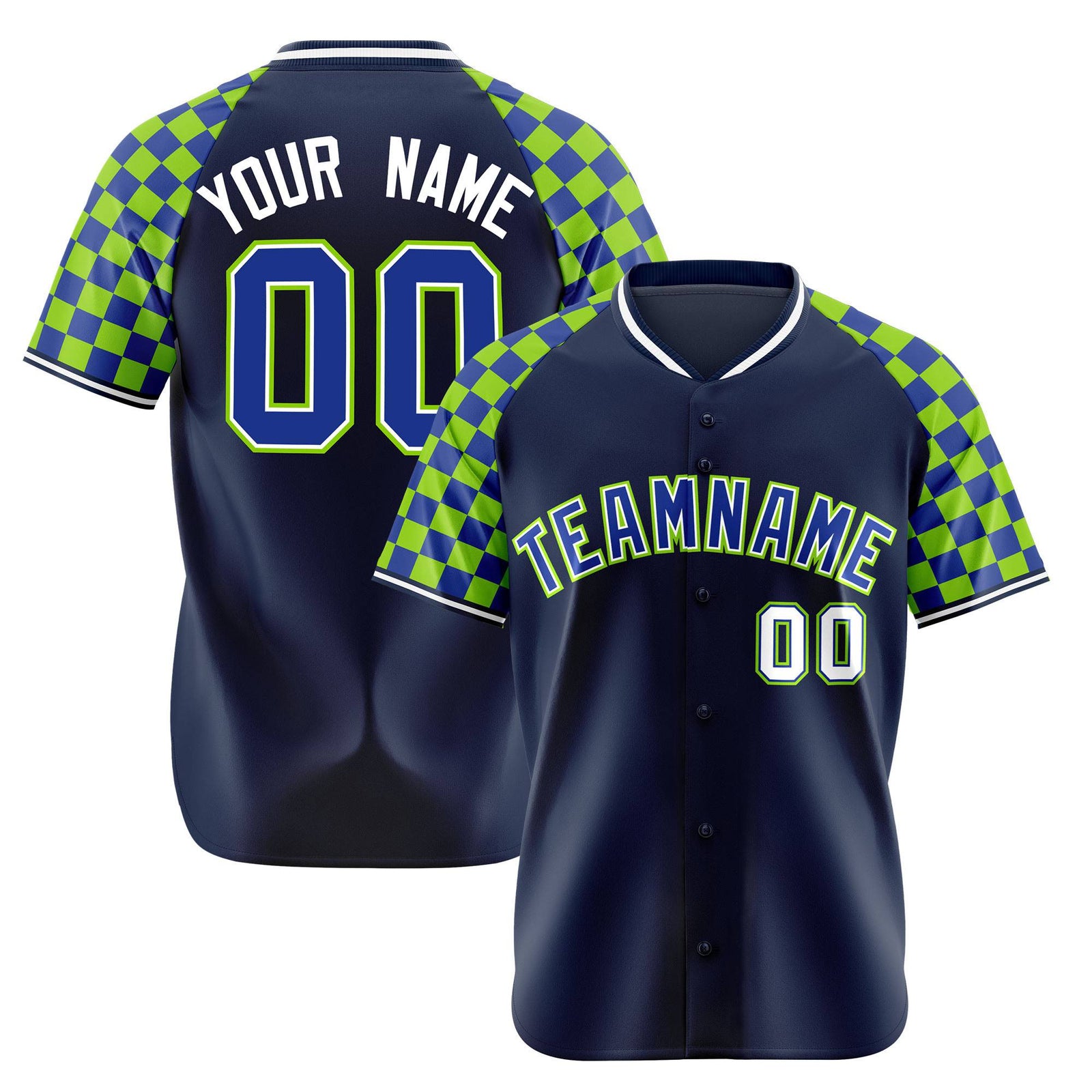 Custom Navy Neon Green-Royal Blue Authentic Plaid Sleeve Baseball Jersey