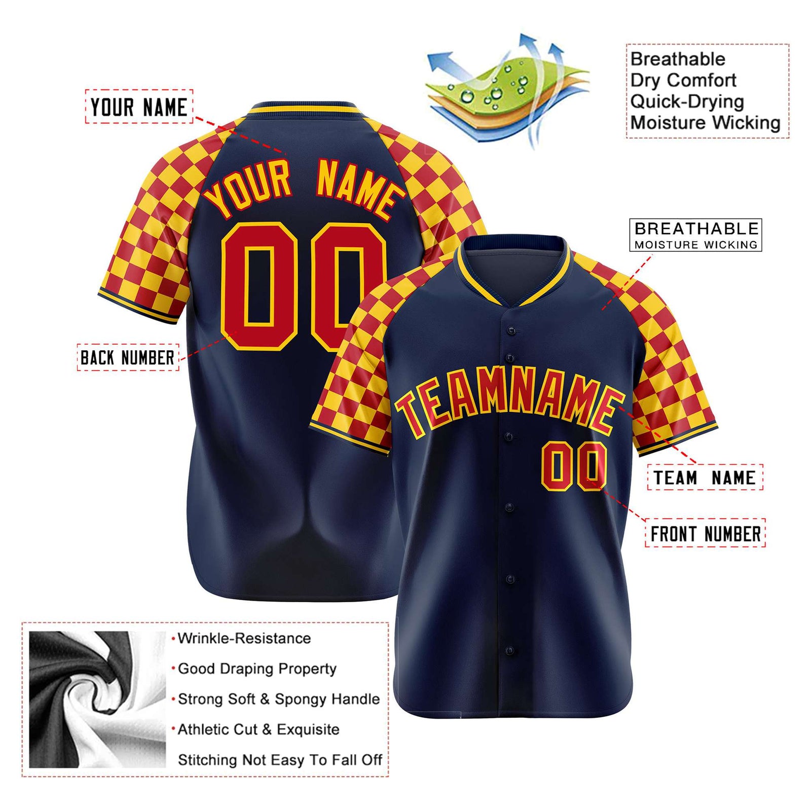 Custom Navy Red-Gold Authentic Plaid Sleeve Baseball Jersey