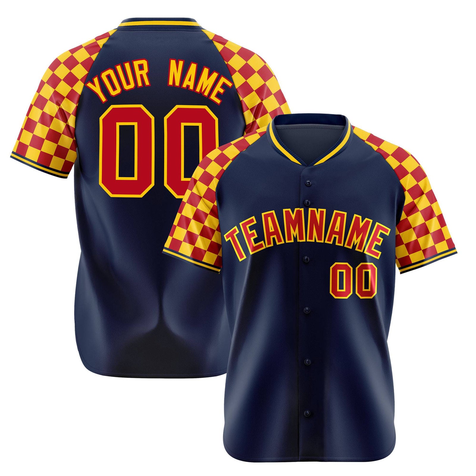 Custom Navy Red-Gold Authentic Plaid Sleeve Baseball Jersey