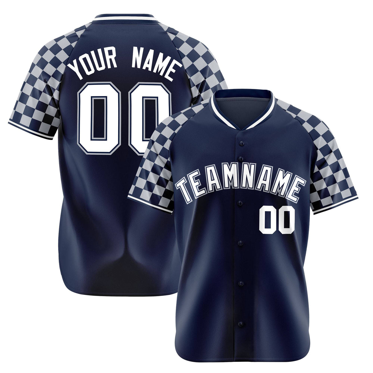 Custom Navy White-Gray Authentic Plaid Sleeve Baseball Jersey
