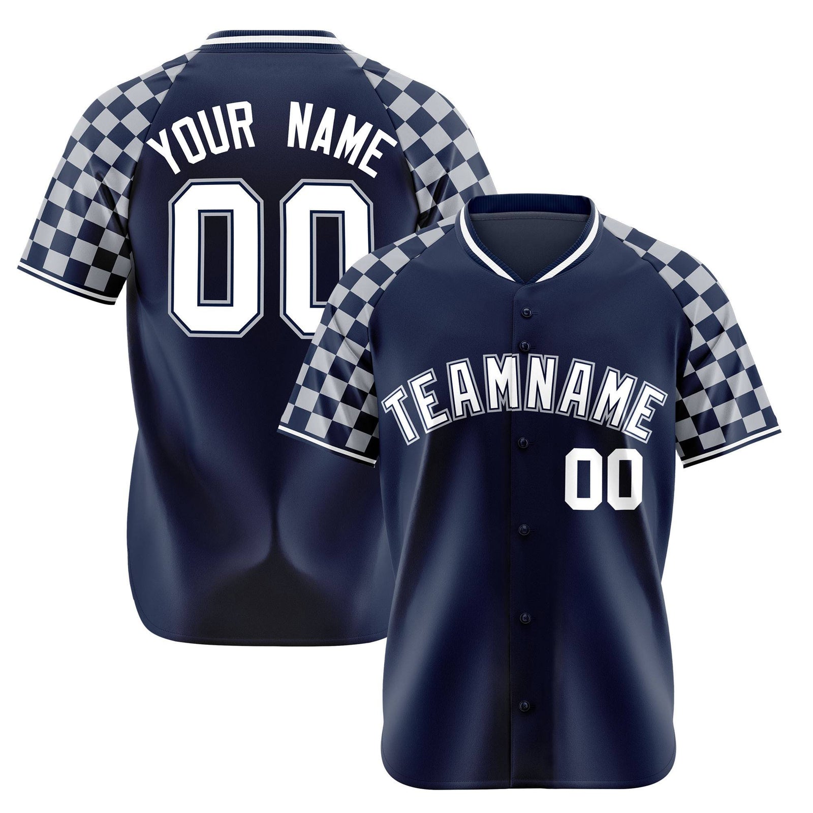 Custom Navy White-Gray Authentic Plaid Sleeve Baseball Jersey