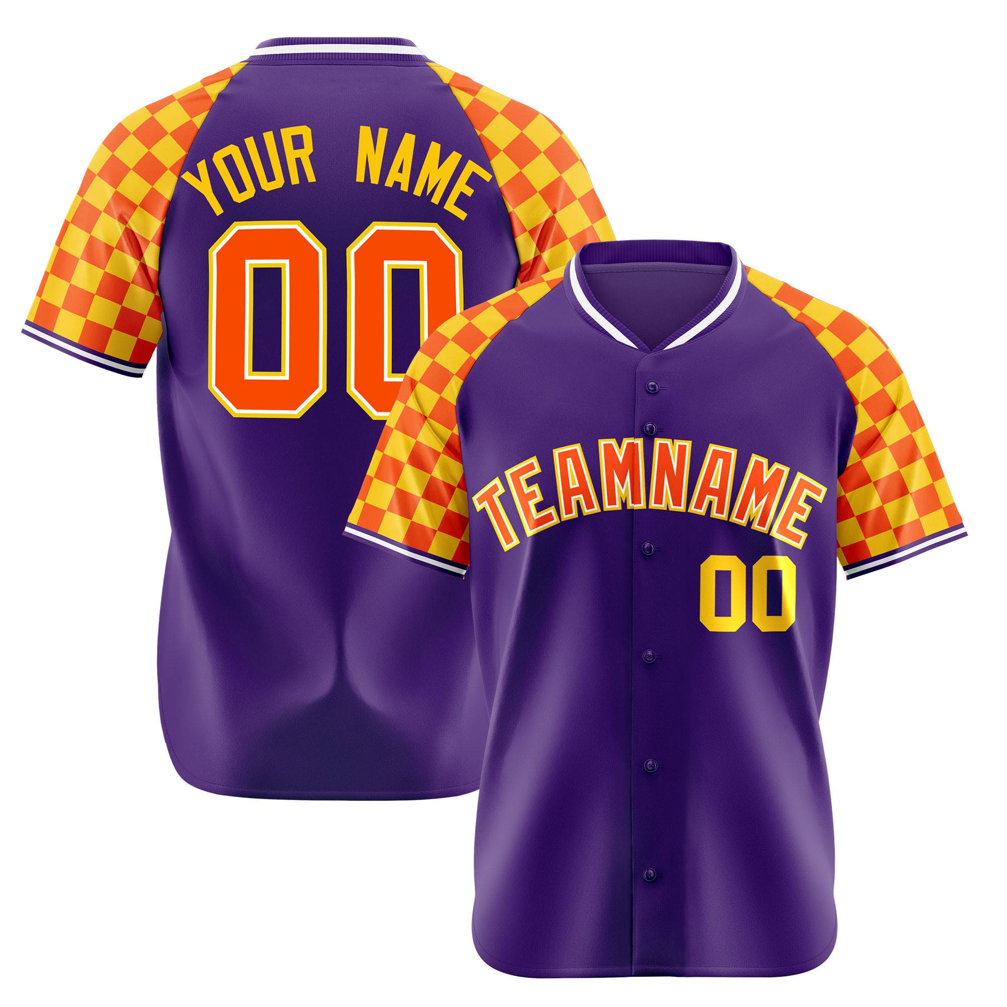 Custom Purple Orange-Gold Authentic Plaid Sleeve Baseball Jersey