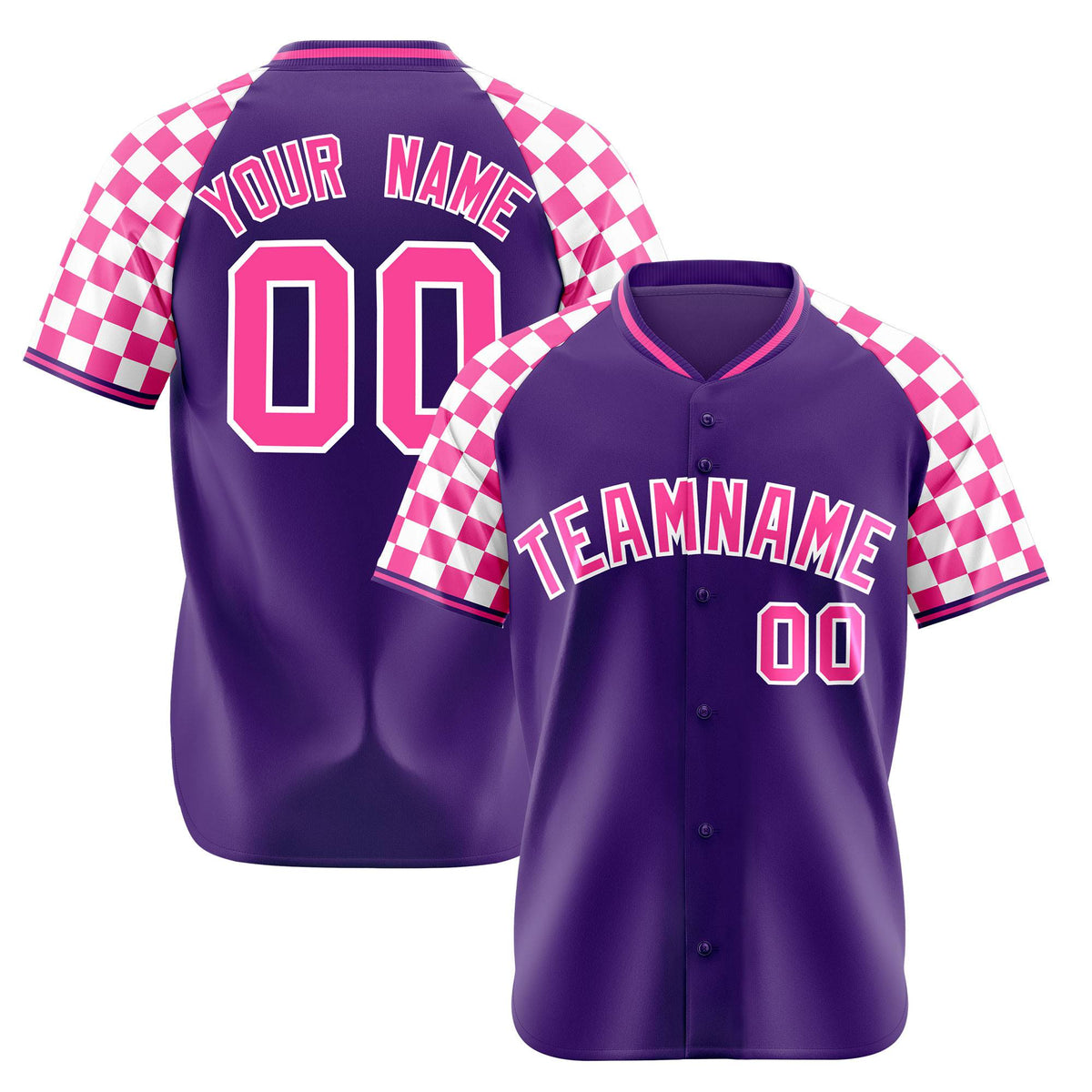 Custom Purple Pink-White Authentic Plaid Sleeve Baseball Jersey