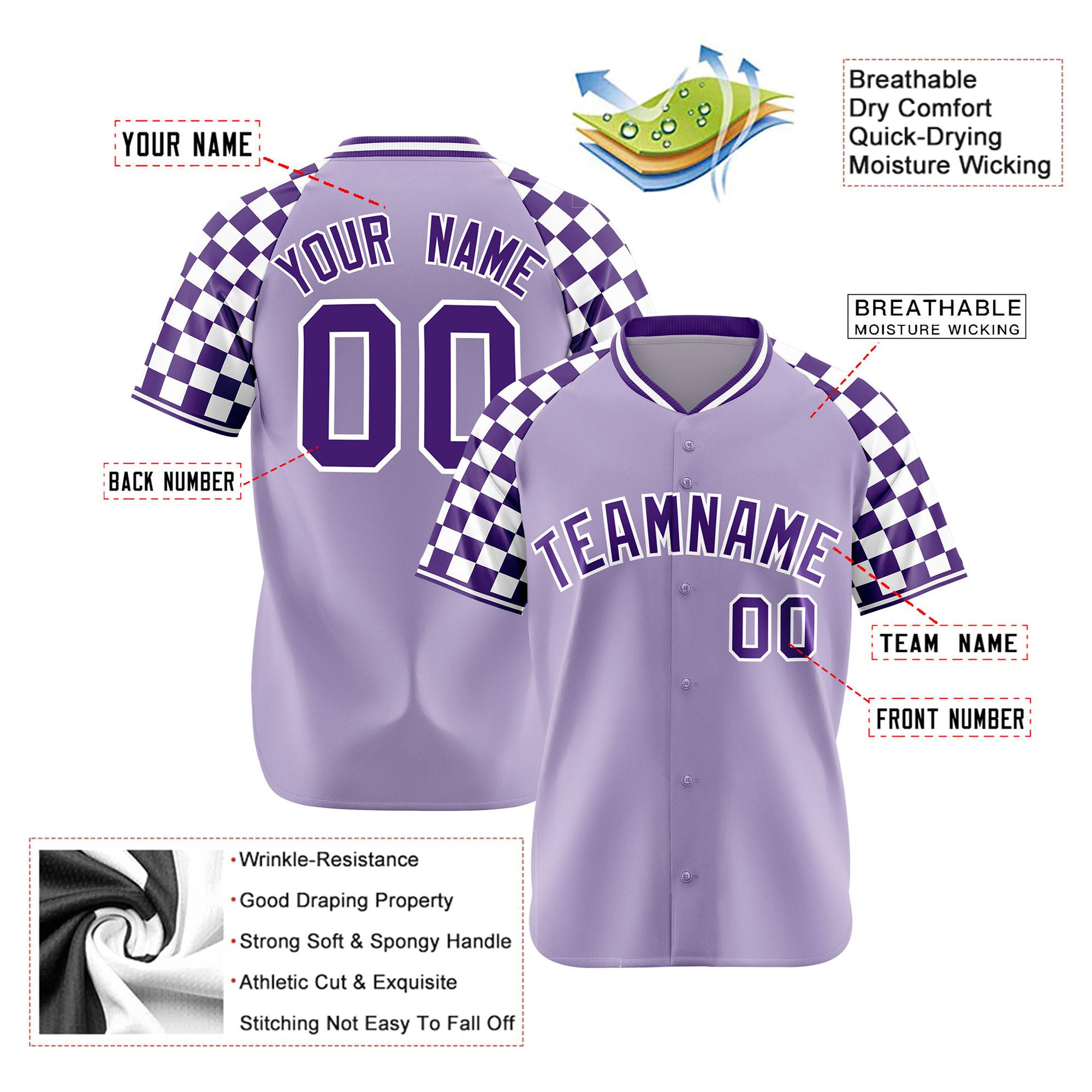 Custom Light Purple White Authentic Plaid Sleeve Baseball Jersey