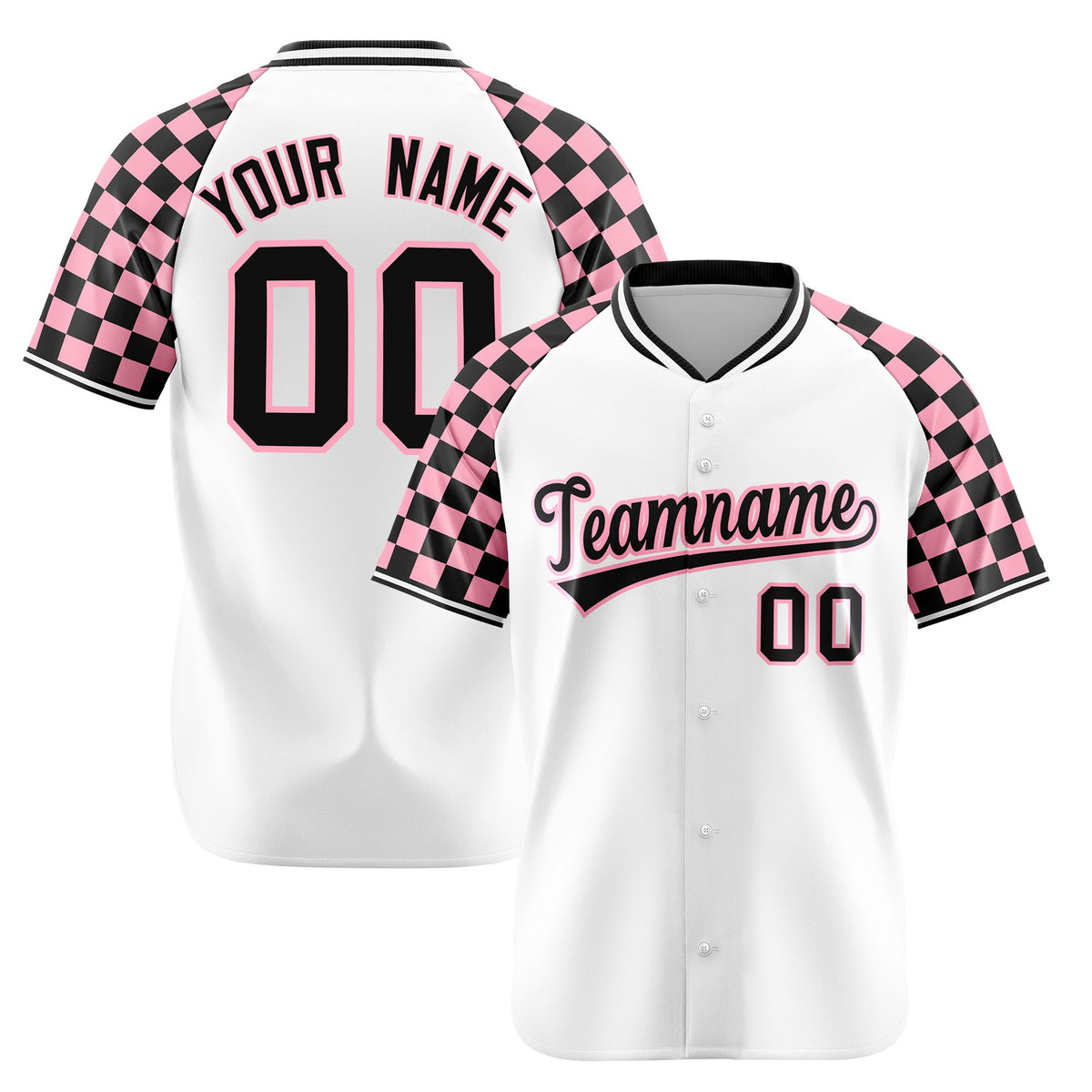 Custom White Light Pink-Black Authentic Plaid sleeve Baseball Jersey