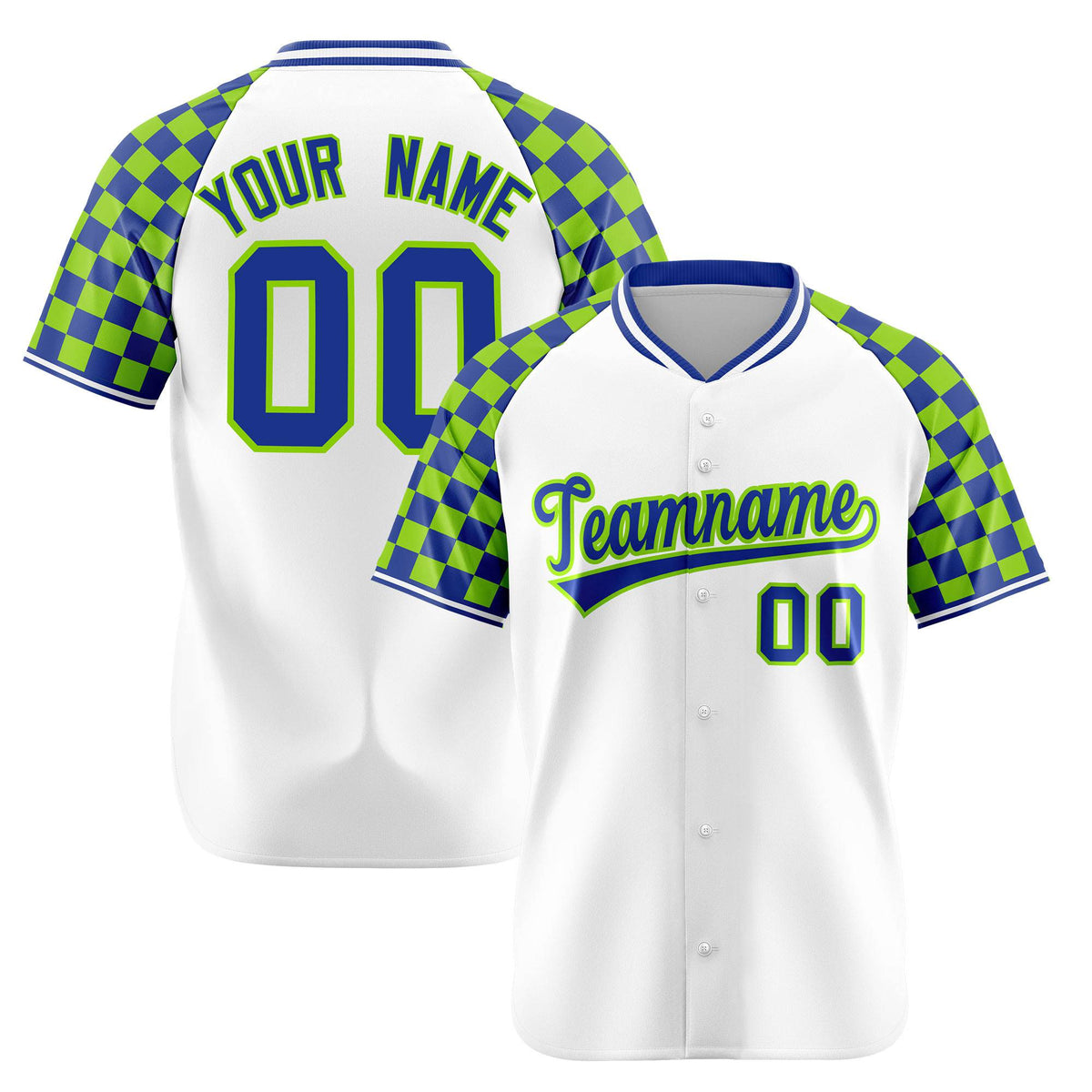 Custom White Neon Green-Royal Blue Authentic Plaid sleeve Baseball Jersey
