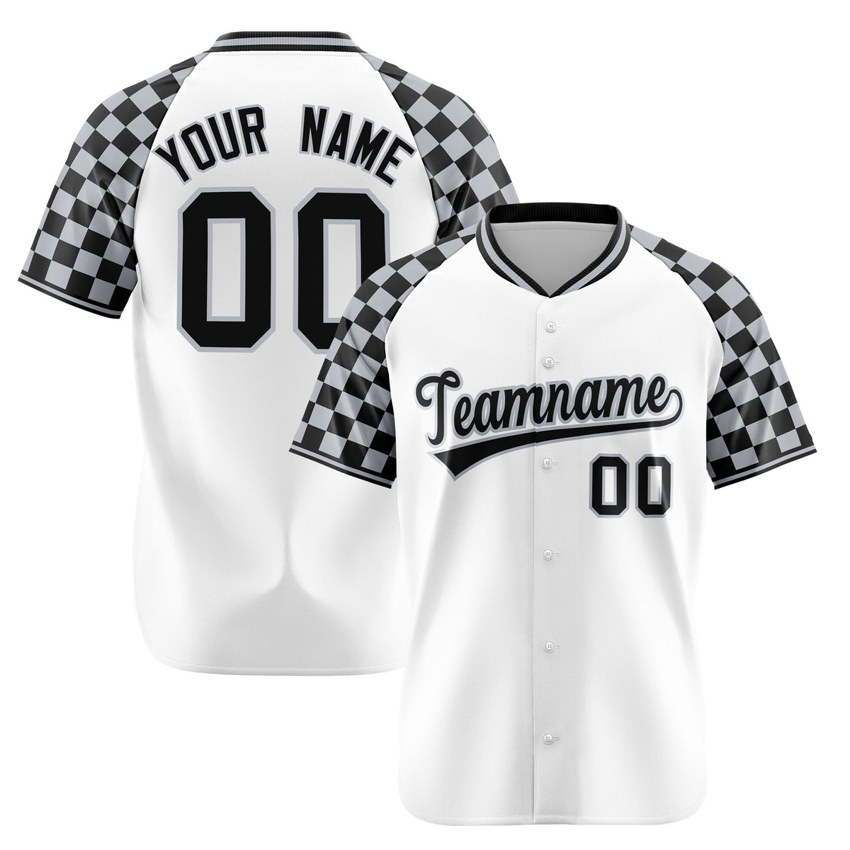 Custom White Gray-Black Authentic Plaid sleeve Baseball Jersey