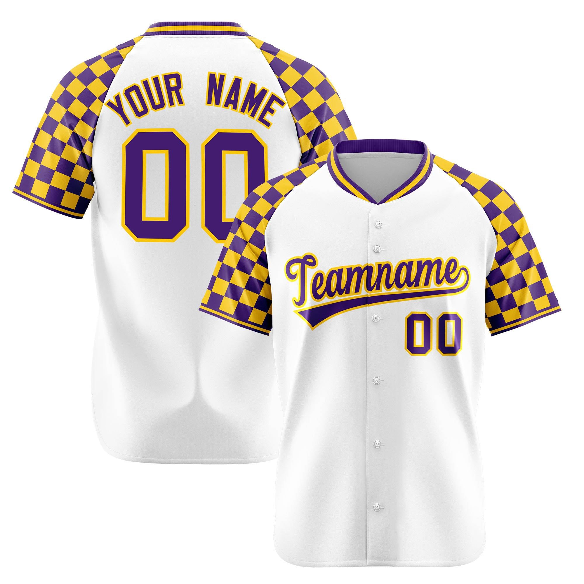 Custom White Gold-Purple Authentic Plaid Sleeve Baseball Jersey