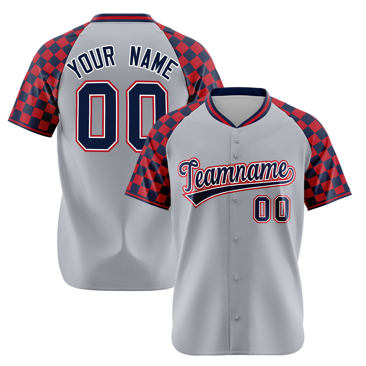 Custom Gray Navy-Red Authentic Plaid Sleeve Baseball Jersey