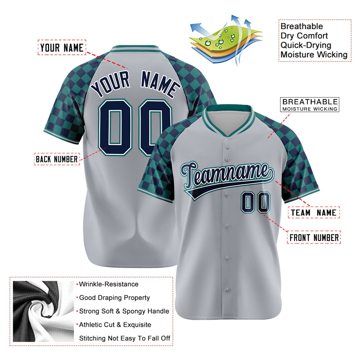 Custom Gray Navy-Aqua Authentic Plaid Sleeve Baseball Jersey