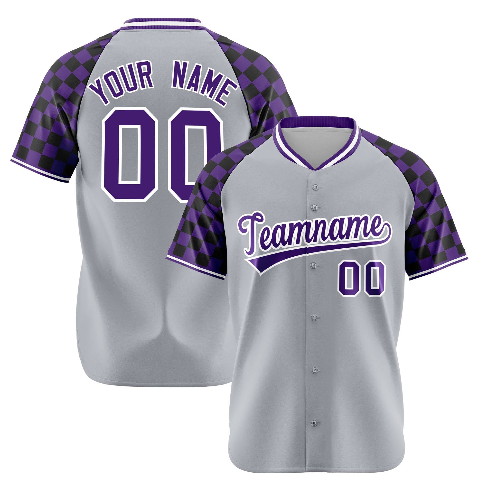 Custom Gray Purple-Black Authentic Plaid Sleeve Baseball Jersey