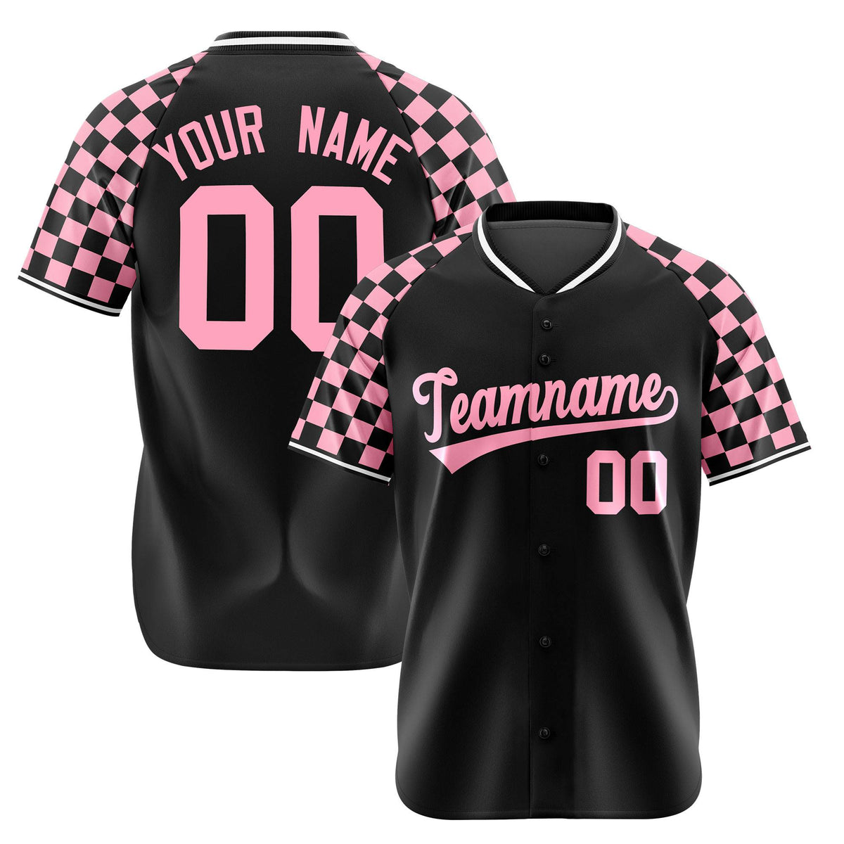Custom Black Light Pink Authentic Plaid Sleeve Baseball Jersey