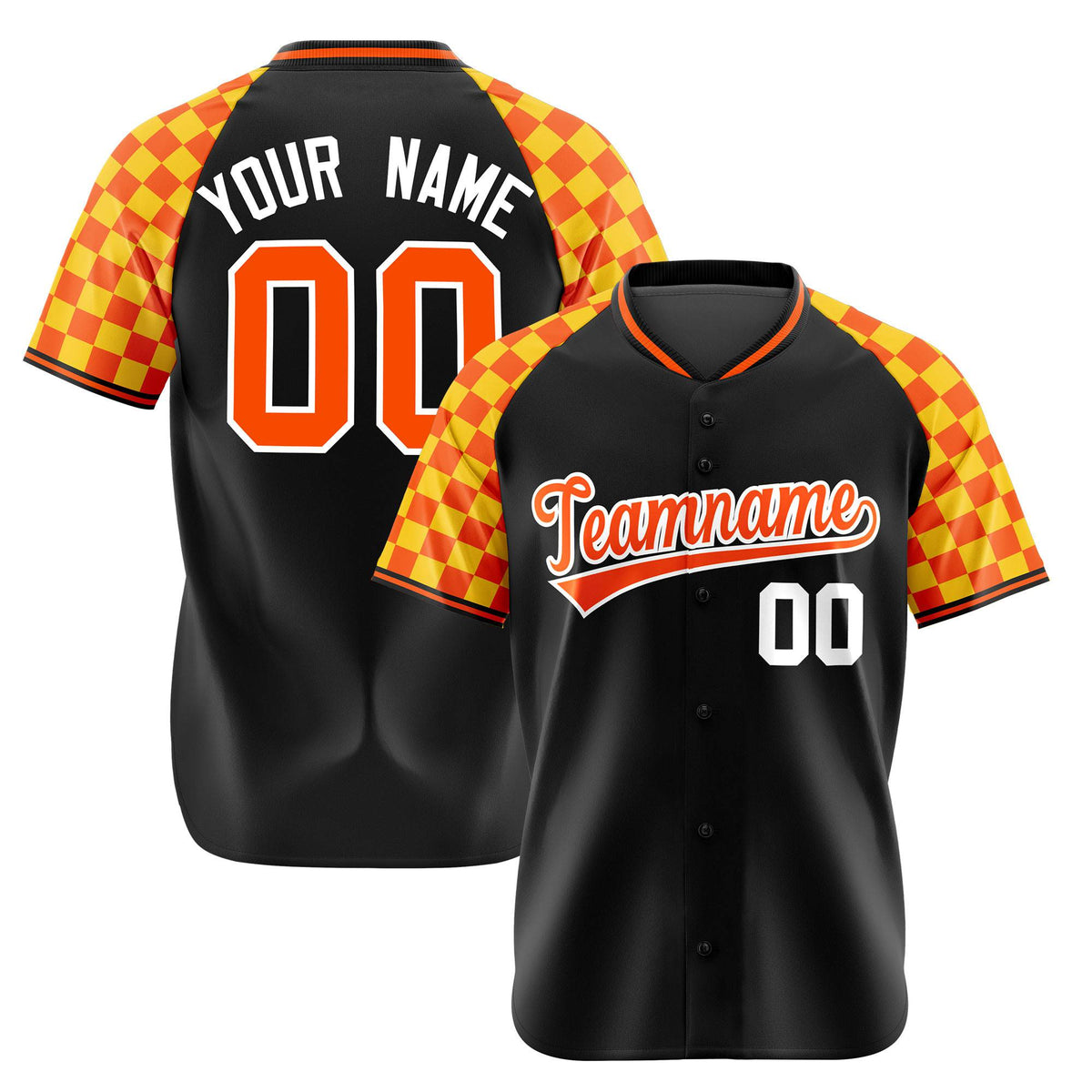 Custom Black Orange-Gold Authentic Plaid Sleeve Baseball Jersey
