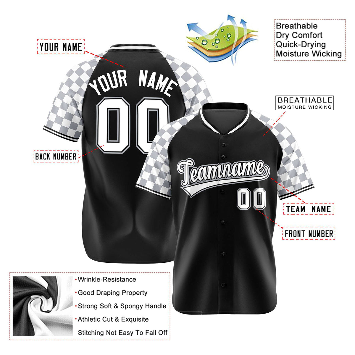 Custom Black Gray-White Authentic Plaid Sleeve Baseball Jersey