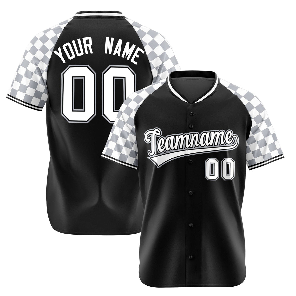 Custom Black Gray-White Authentic Plaid Sleeve Baseball Jersey