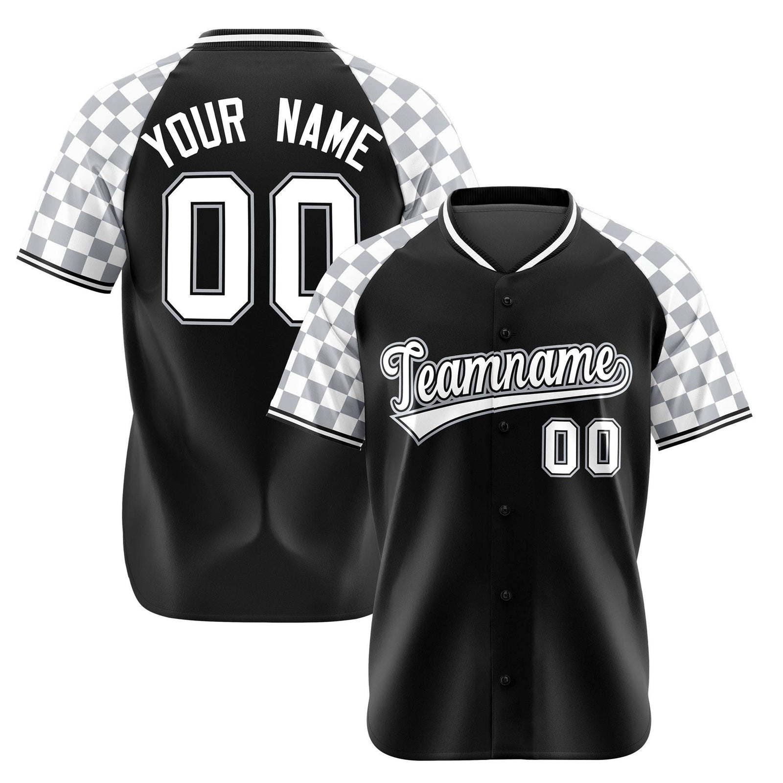 Custom Black Gray-White Authentic Plaid Sleeve Baseball Jersey