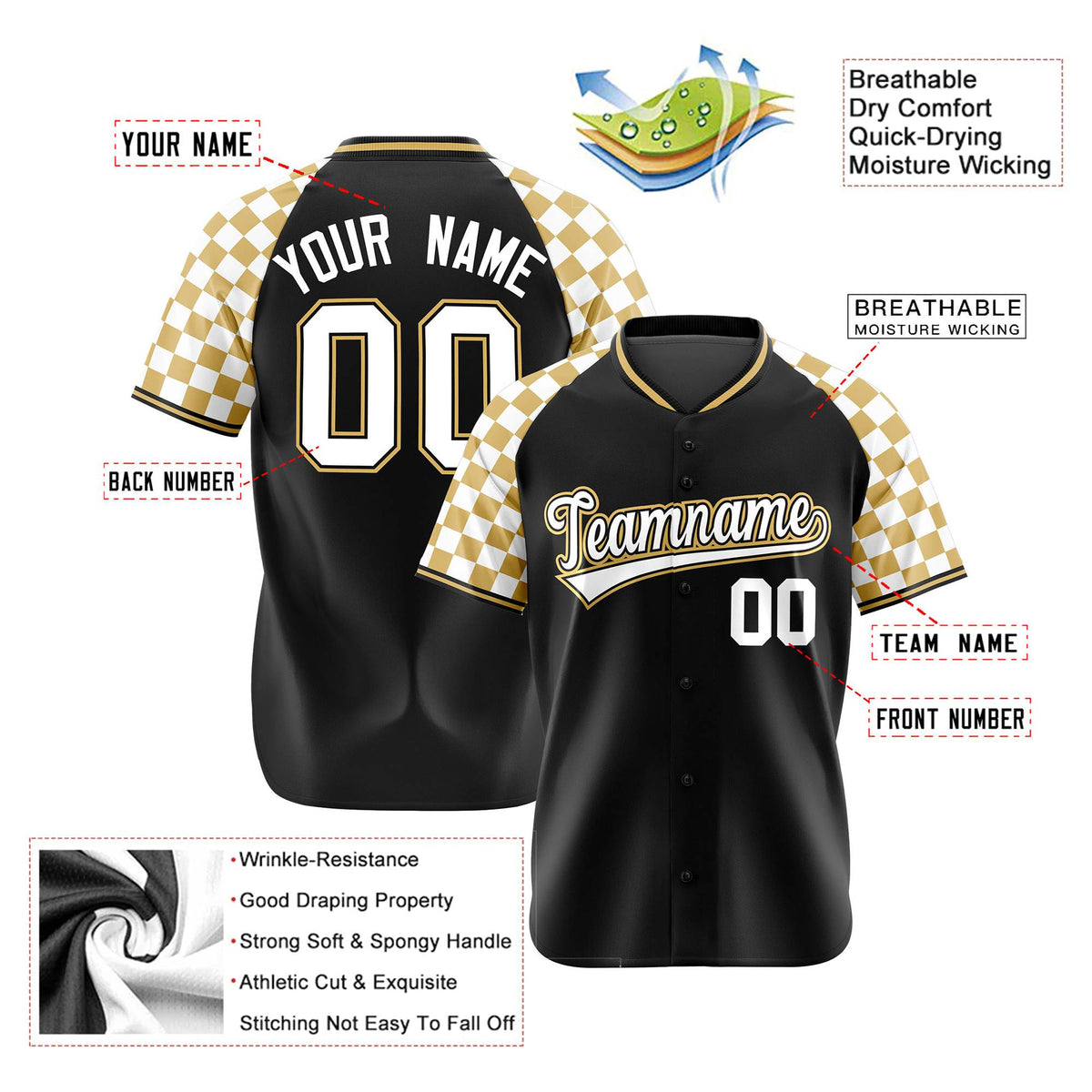 Custom Black Old Gold-White Authentic Plaid Sleeve Baseball Jersey