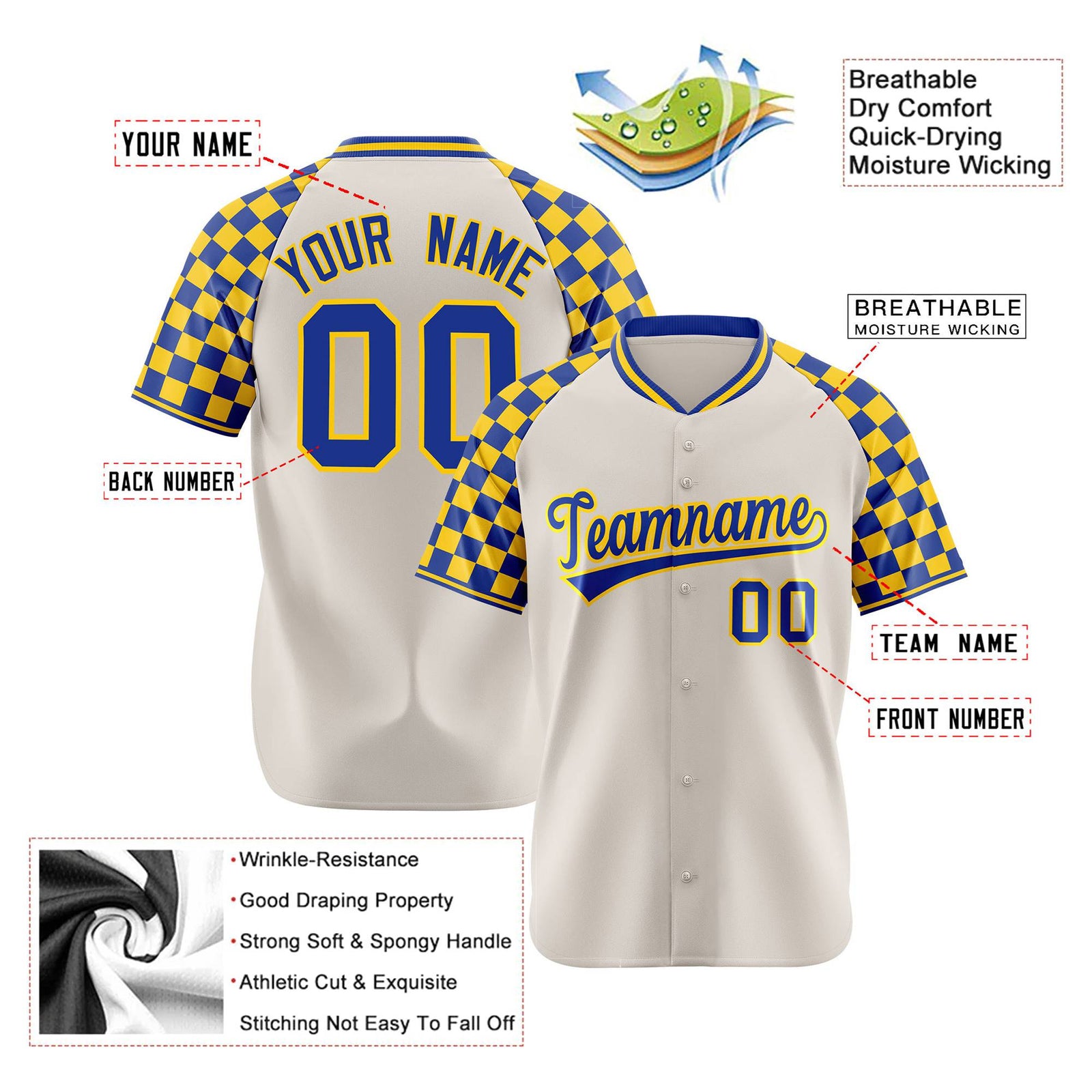 Custom Khaki Royal Blue-Gold Authentic Plaid Sleeve Baseball Jersey