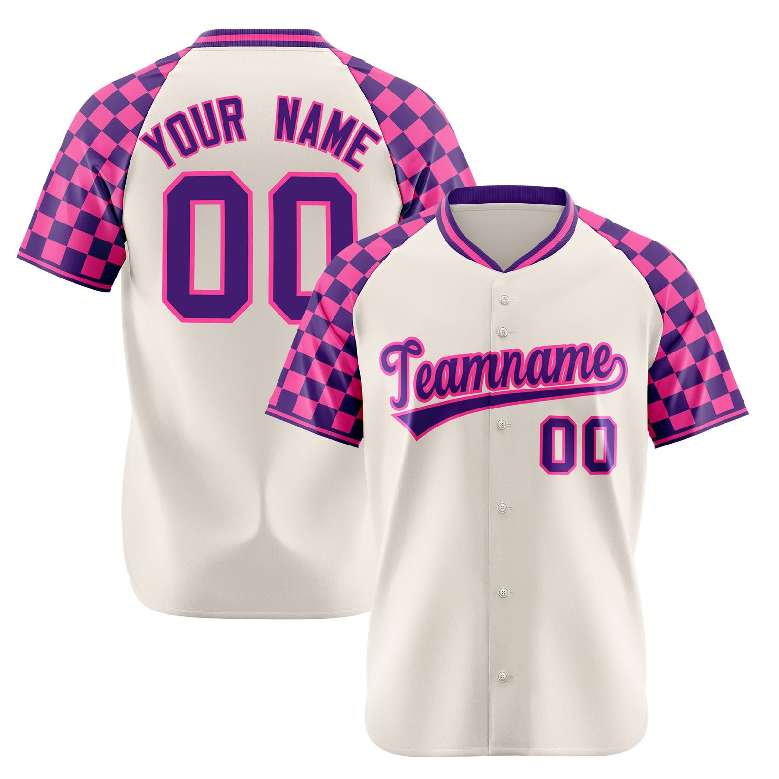 Custom Khaki Purple-Pink Authentic Plaid Sleeve Baseball Jersey