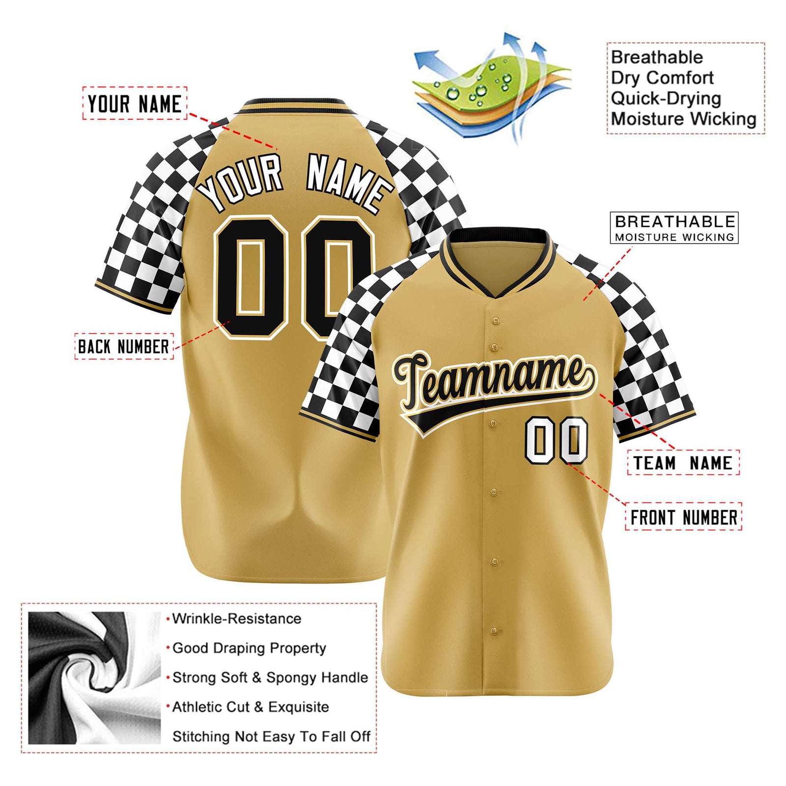 Custom Old Gold Black-White Authentic Plaid Sleeve Baseball Jersey