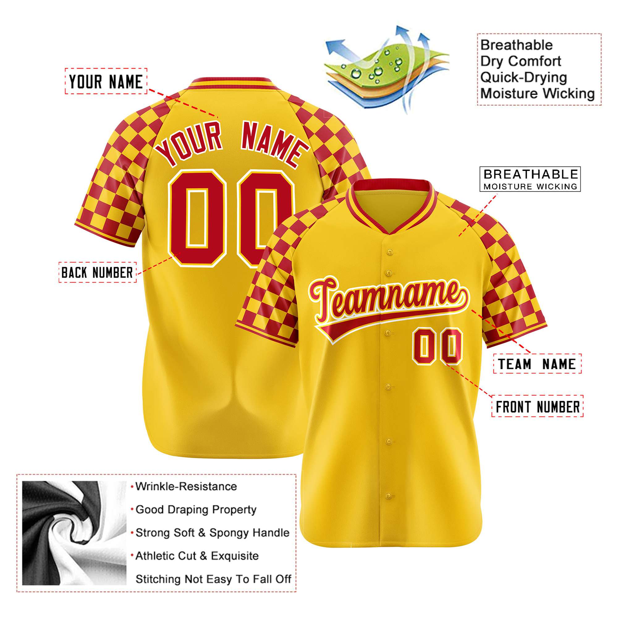 Custom Gold Red Authentic Plaid Sleeve Baseball Jersey