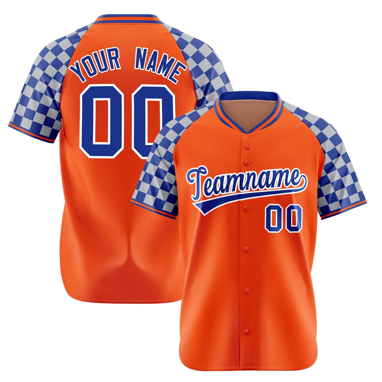 Custom Orange Royal Blue-Gray Authentic Plaid Sleeve Baseball Jersey