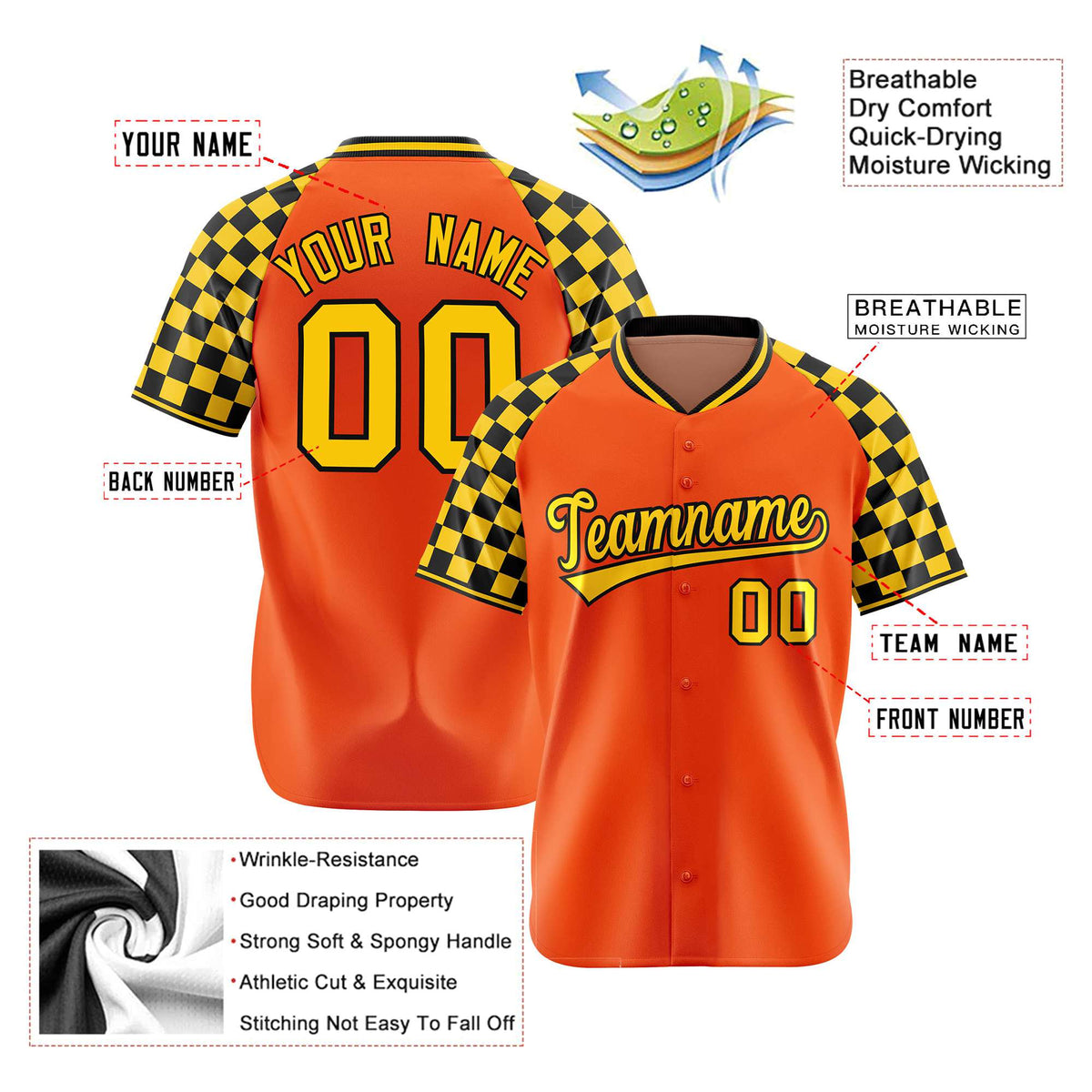 Custom Orange Gold-Black Authentic Plaid Sleeve Baseball Jersey