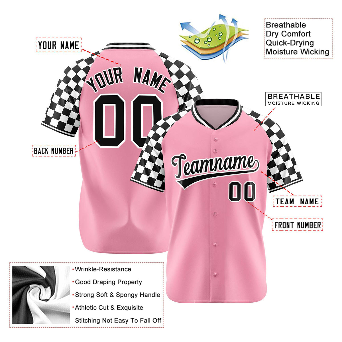 Custom Light Pink Black-White Authentic Plaid Sleeve Baseball Jersey