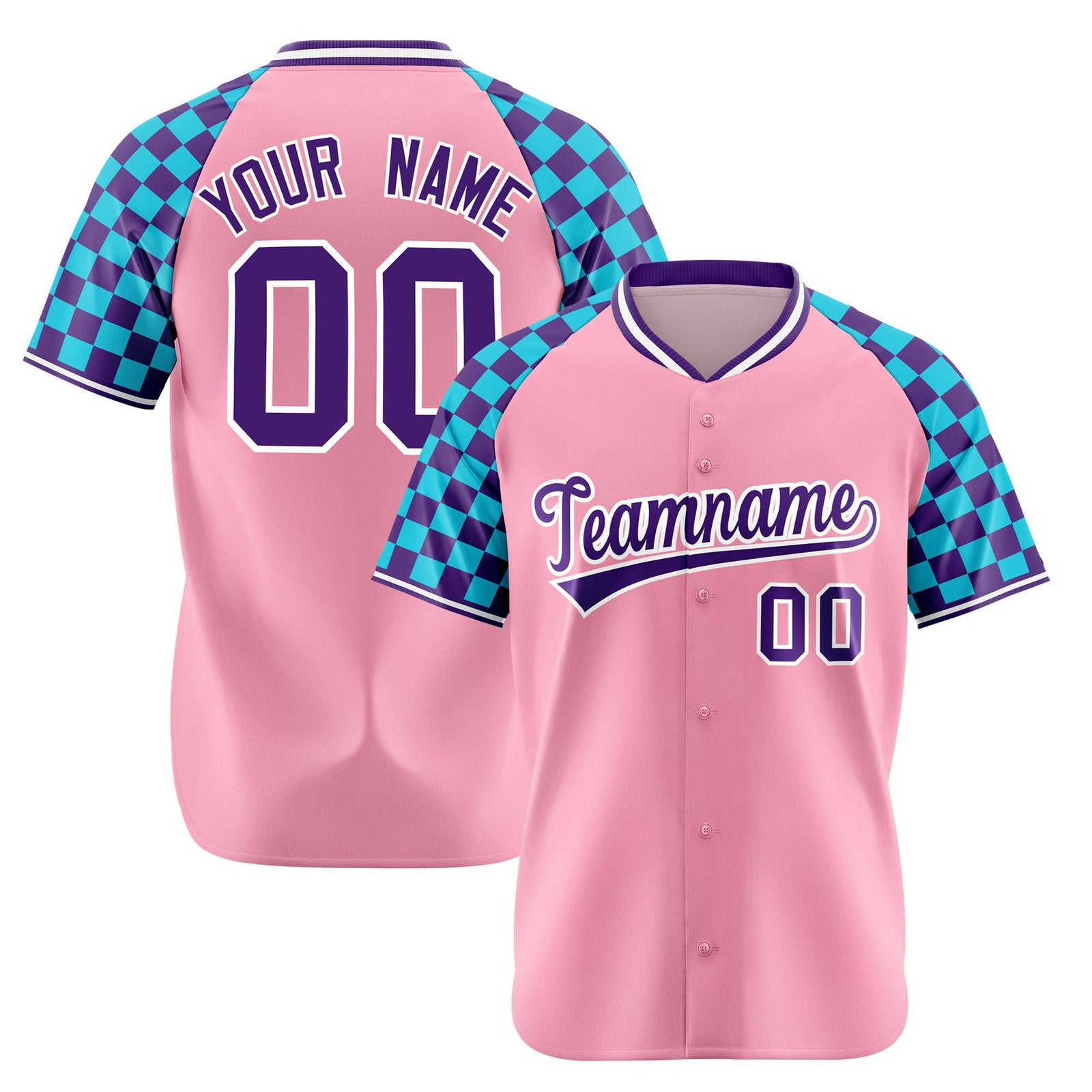 Custom Light Pink Purple-Sky Blue Authentic Plaid Sleeve Baseball Jersey