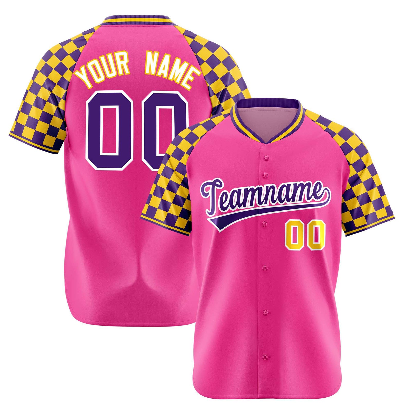 Custom Pink Purple-Gold Authentic Plaid Sleeve Baseball Jersey