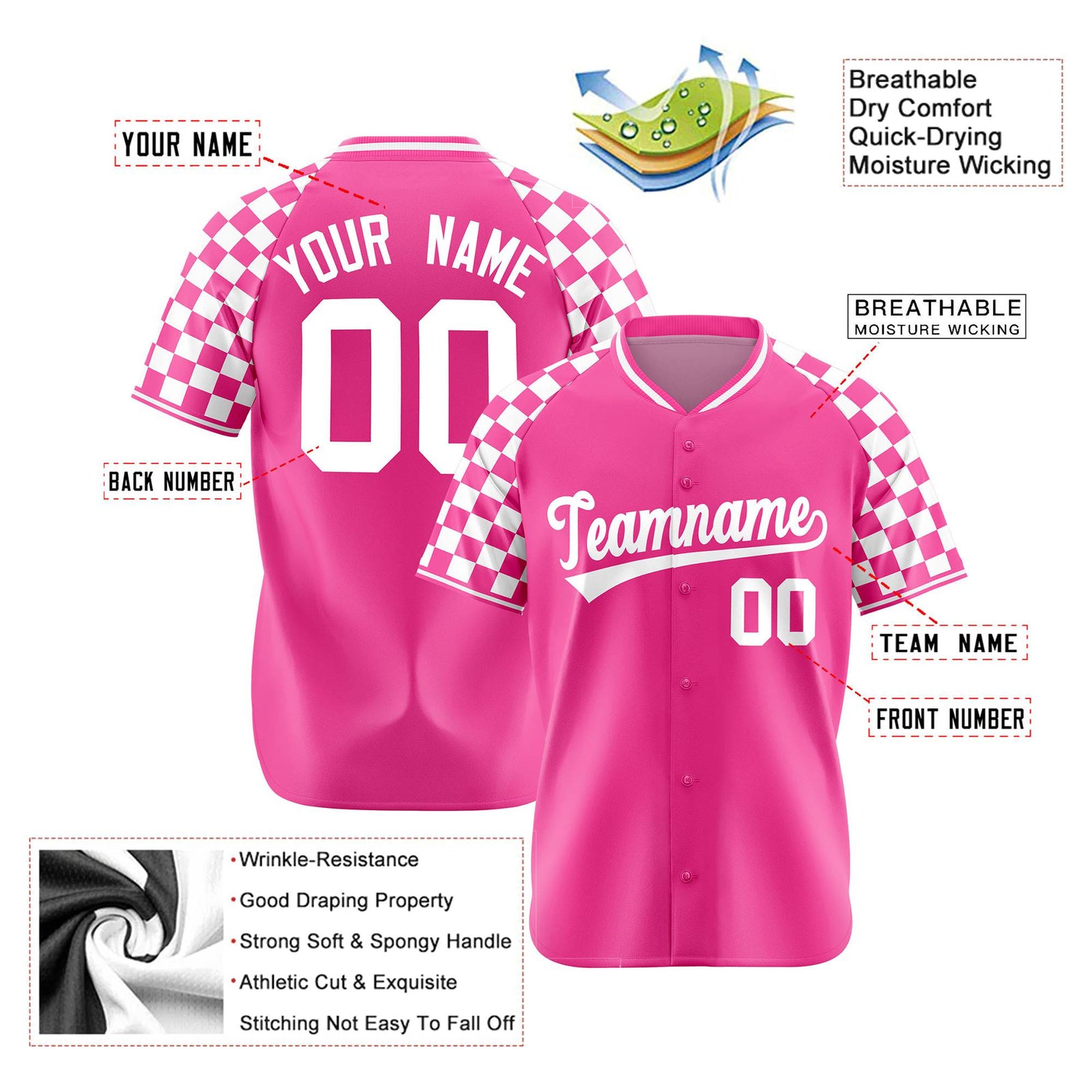 Custom Pink White Authentic Plaid Sleeve Baseball Jersey