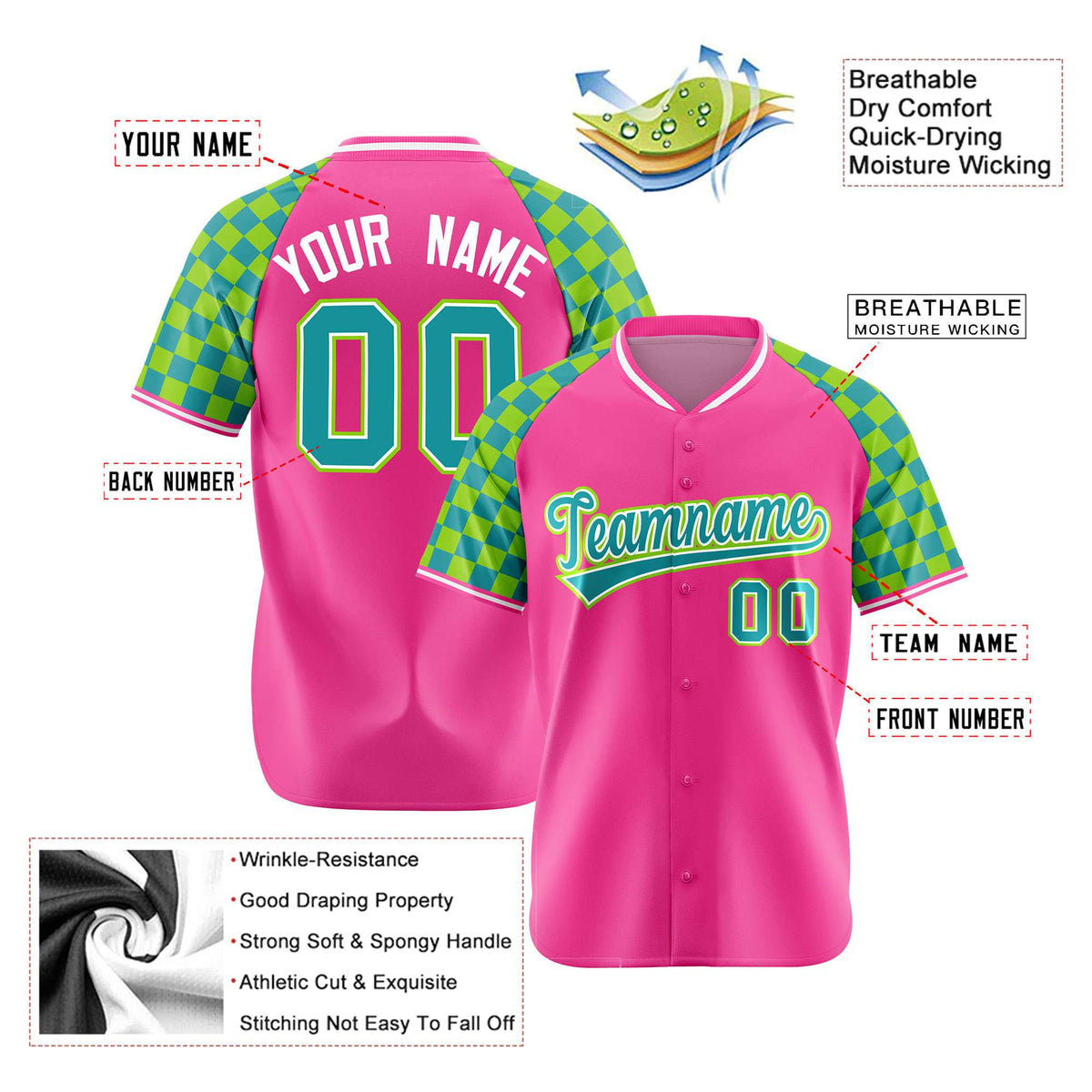Custom Pink Neon Green-Aqua Authentic Plaid Sleeve Baseball Jersey