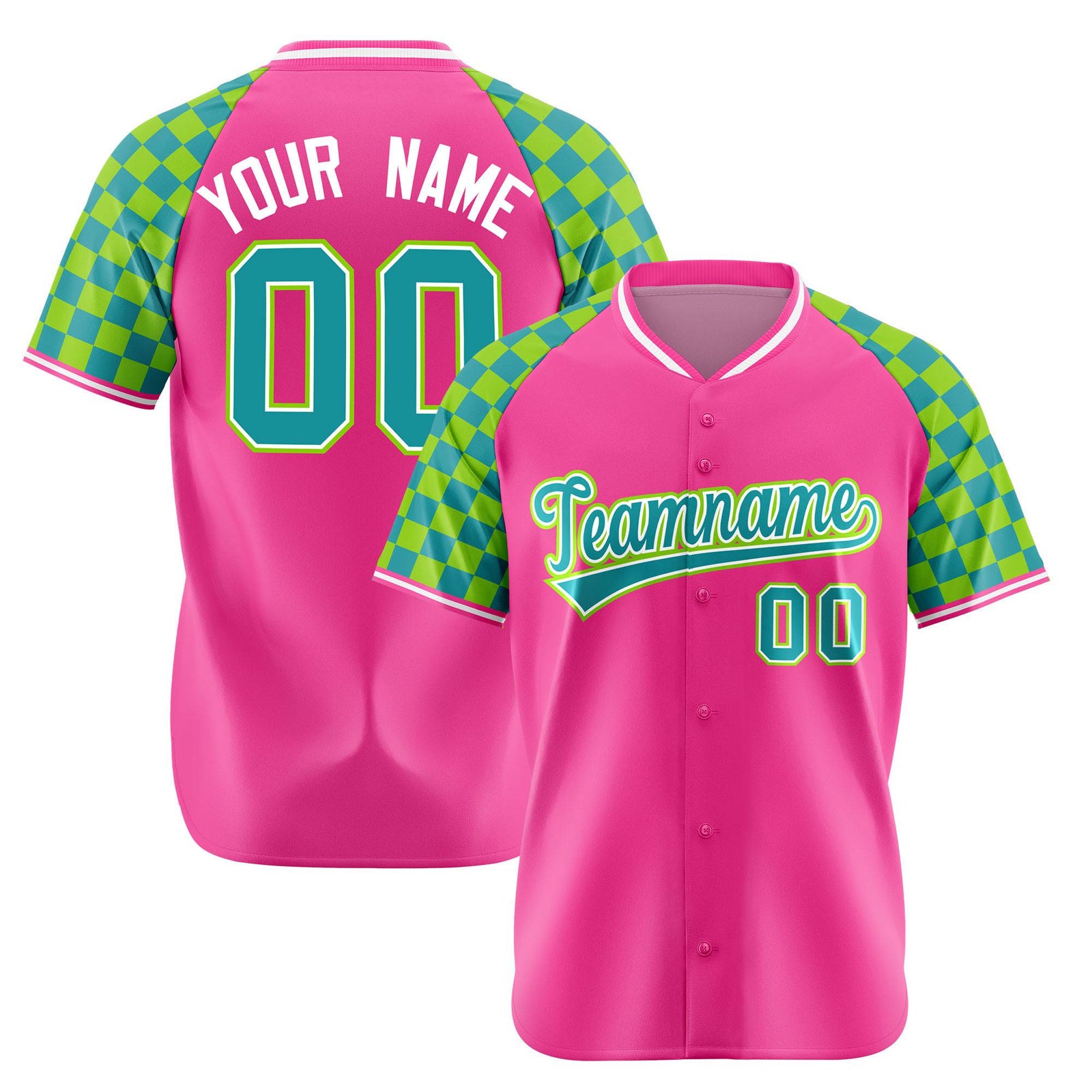 Custom Pink Neon Green-Aqua Authentic Plaid Sleeve Baseball Jersey