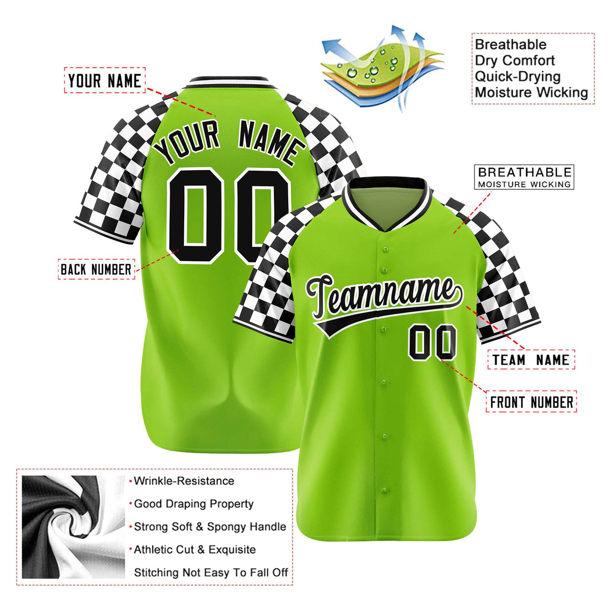 Custom Neon Green Black-White Authentic Plaid Sleeve Baseball Jersey