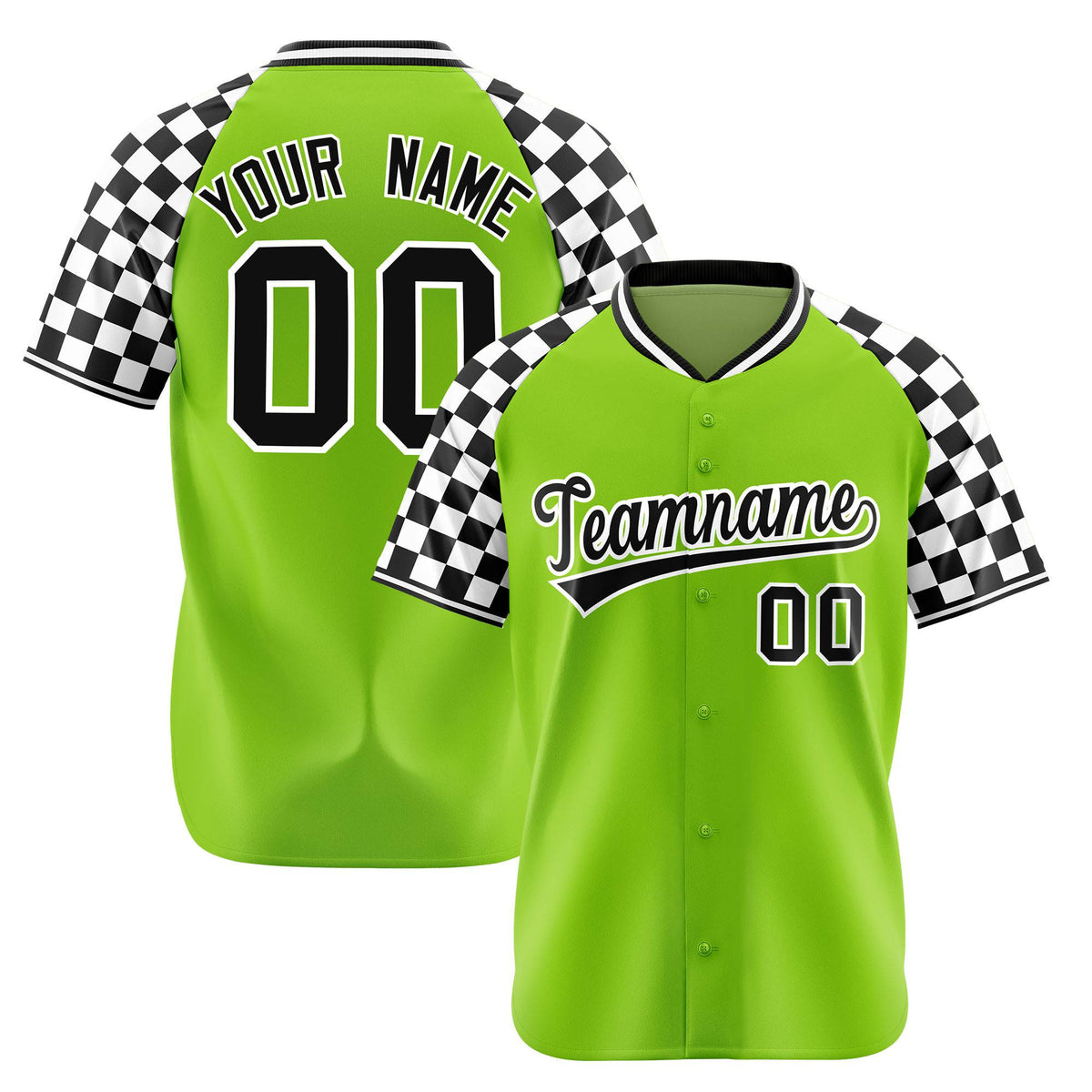 Custom Neon Green Black-White Authentic Plaid Sleeve Baseball Jersey