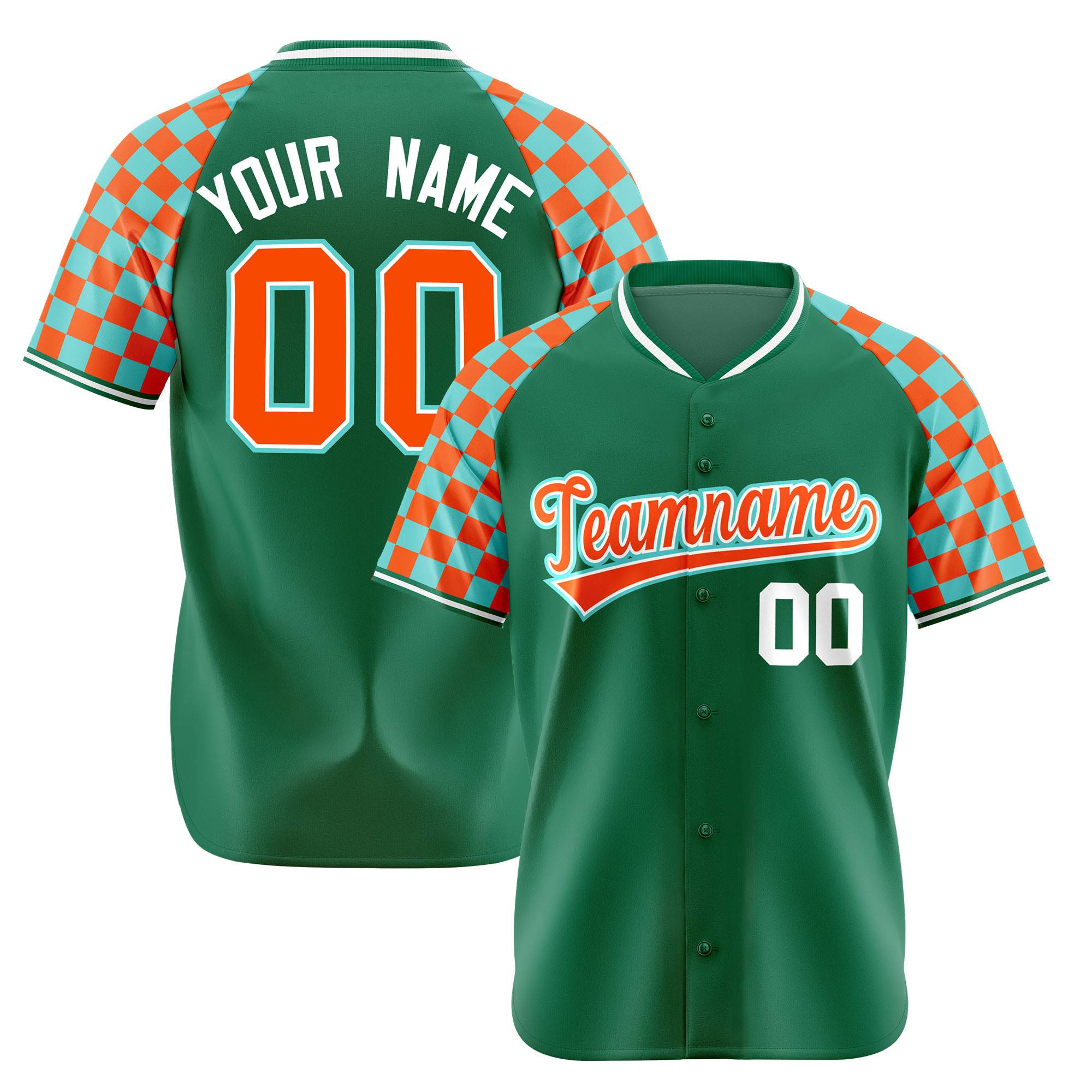 Custom Kelly Green Orange-Bright Green Authentic Plaid Sleeve Baseball Jersey