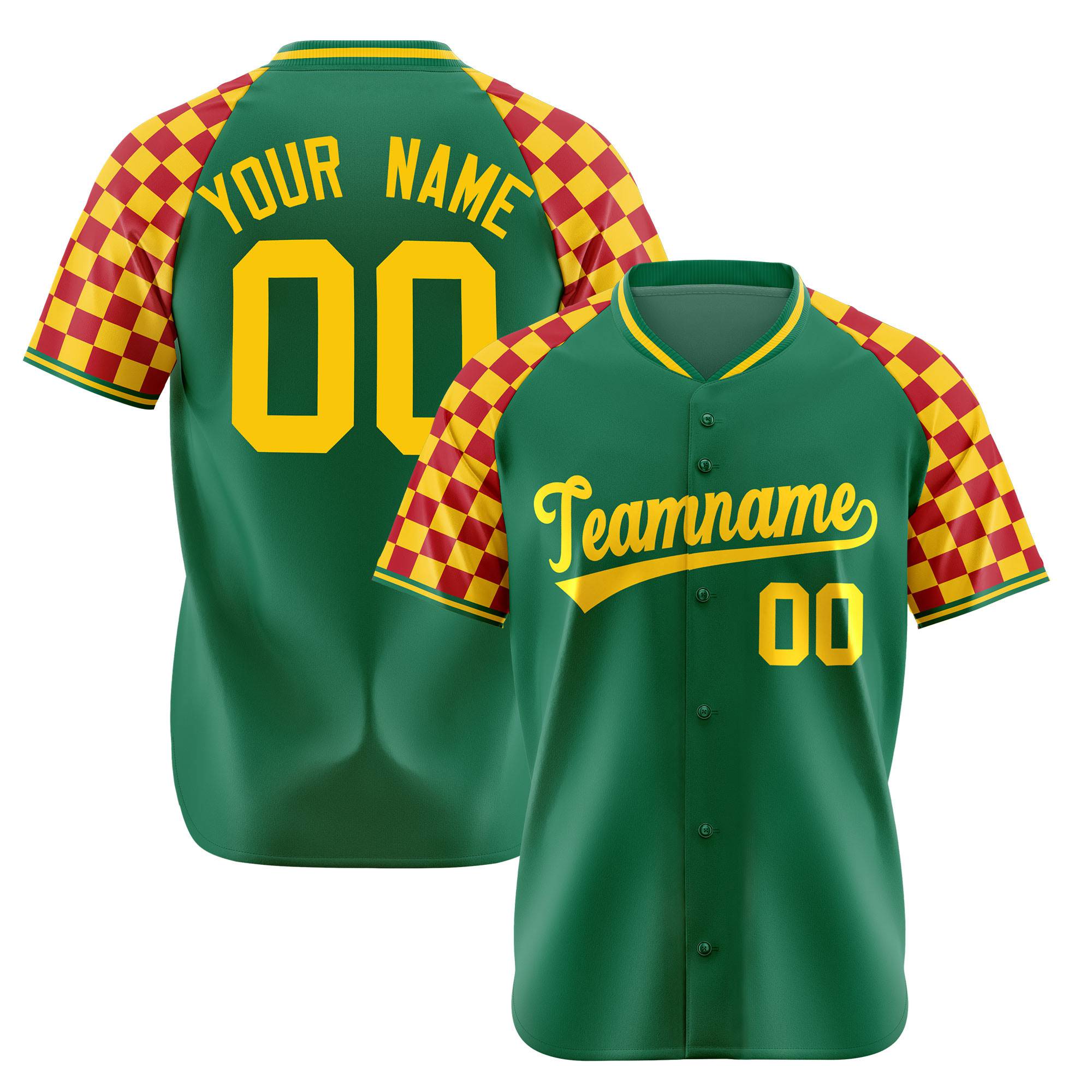 Custom Kelly Green Gold-Red Authentic Plaid Sleeve Baseball Jersey