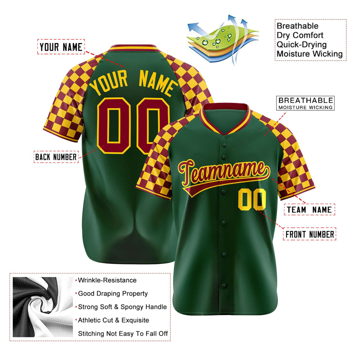 Custom Green Crimson-Gold Authentic Plaid Sleeve Baseball Jersey