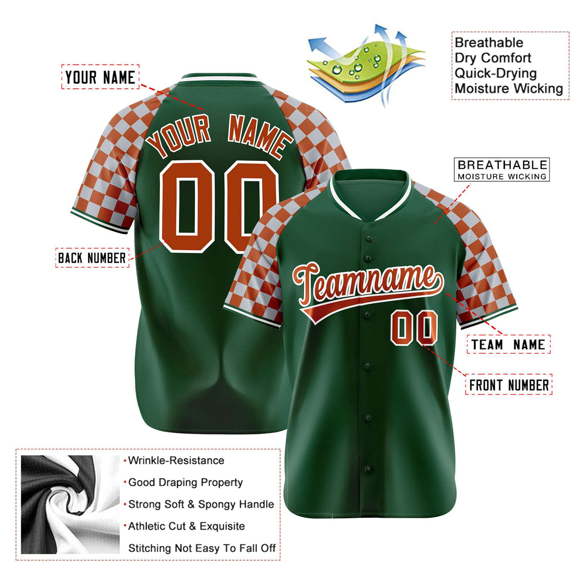 Custom Green Texas Orange-Gray Authentic Plaid Sleeve Baseball Jersey